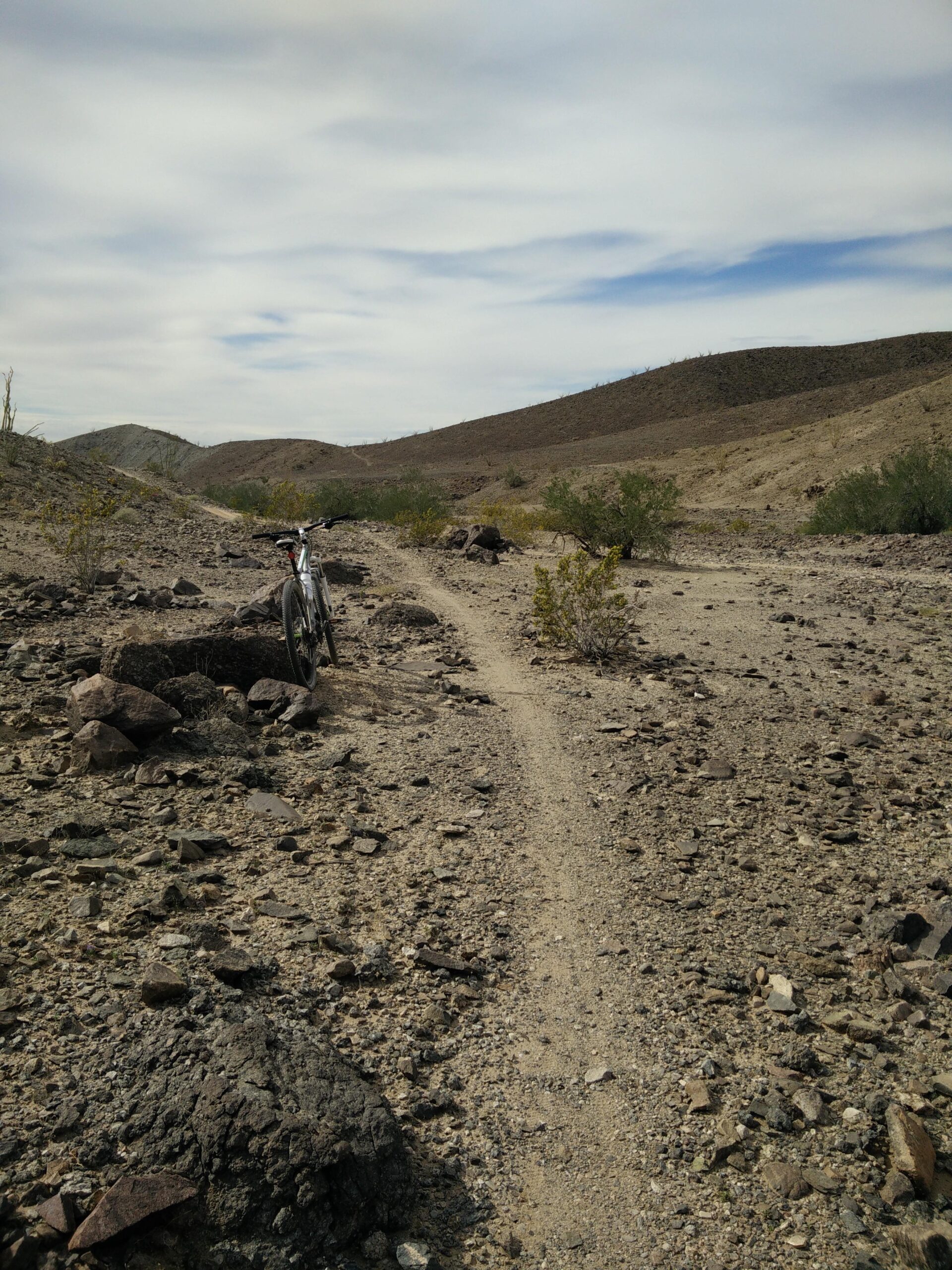 A narrow dirt mountain bike trail winding through a rocky desert landscape, with scattered vegetation and distant hills under a partly cloudy sky. A bicycle leans against a large rock on the left side of the path. Sugarloaf Peak mountain bike trail.