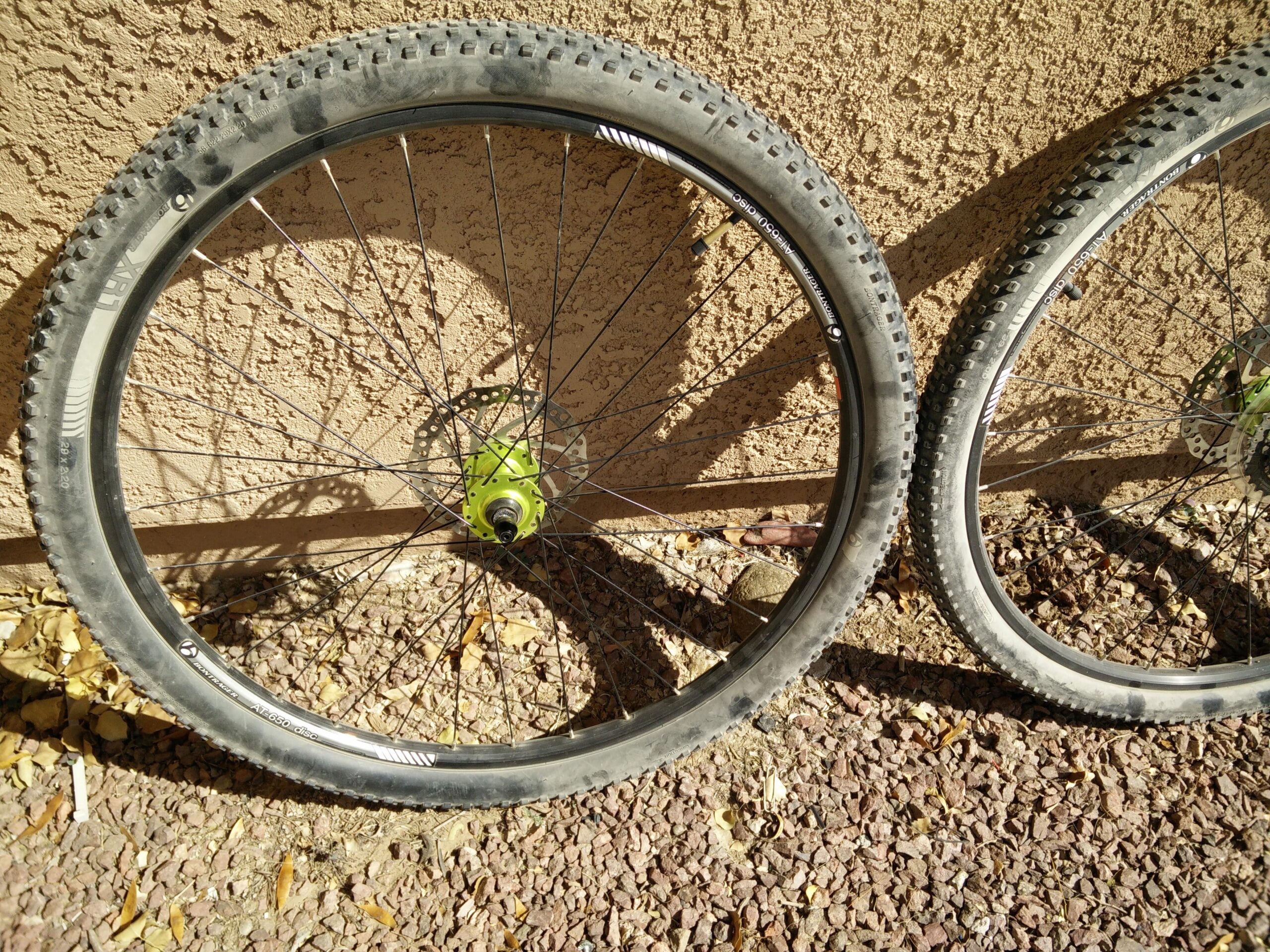 Trek X-Caliber 5: Two bicycle wheels resting against a textured beige wall, with one wheel displayed prominently in the foreground. Both wheels have knobby tires and visible disc brakes. The ground beneath is covered with small rocks and scattered dry leaves. Sunlight casts shadows, enhancing the texture of the wall and the wheels.
