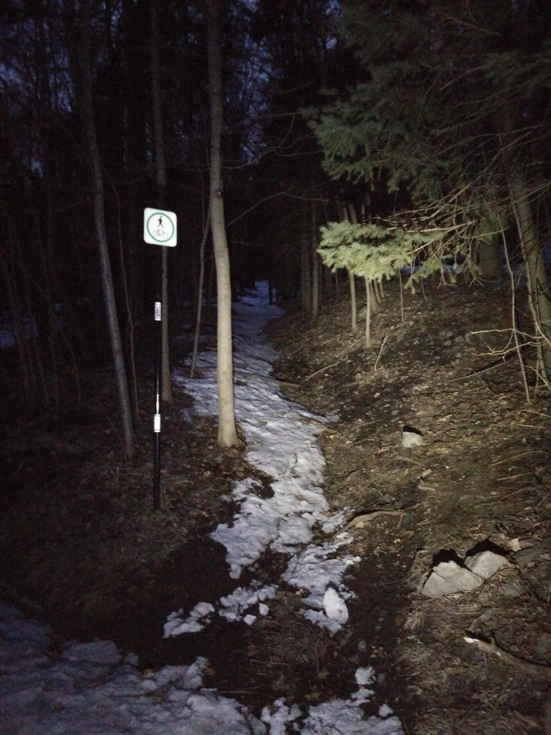 A dimly lit forest path at dusk, featuring a mix of dirt and slushy snow on the ground. A sign indicating pedestrian and bicycle traffic regulations is visible on the left, surrounded by trees, with shadows cast by the fading light. Parc du Mont-Royal mountain bike trail.