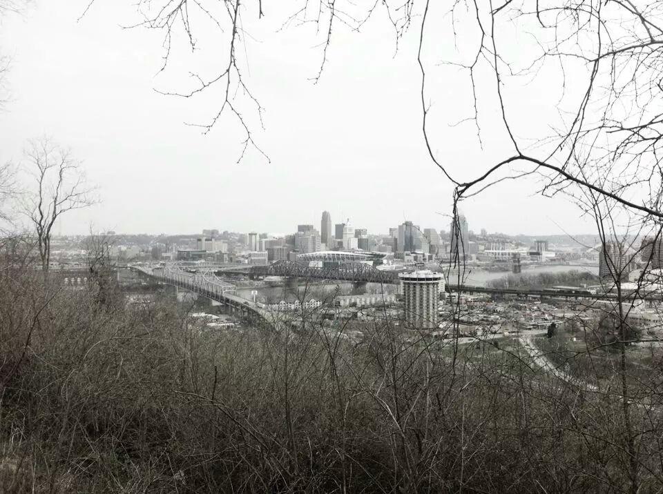 A distant view of a city skyline surrounded by bare trees, with a bridge crossing a river in the foreground. The sky is overcast, creating a muted and gray atmosphere. Buildings, including a stadium, can be seen in the cityscape. Devou Park mountain bike trail.