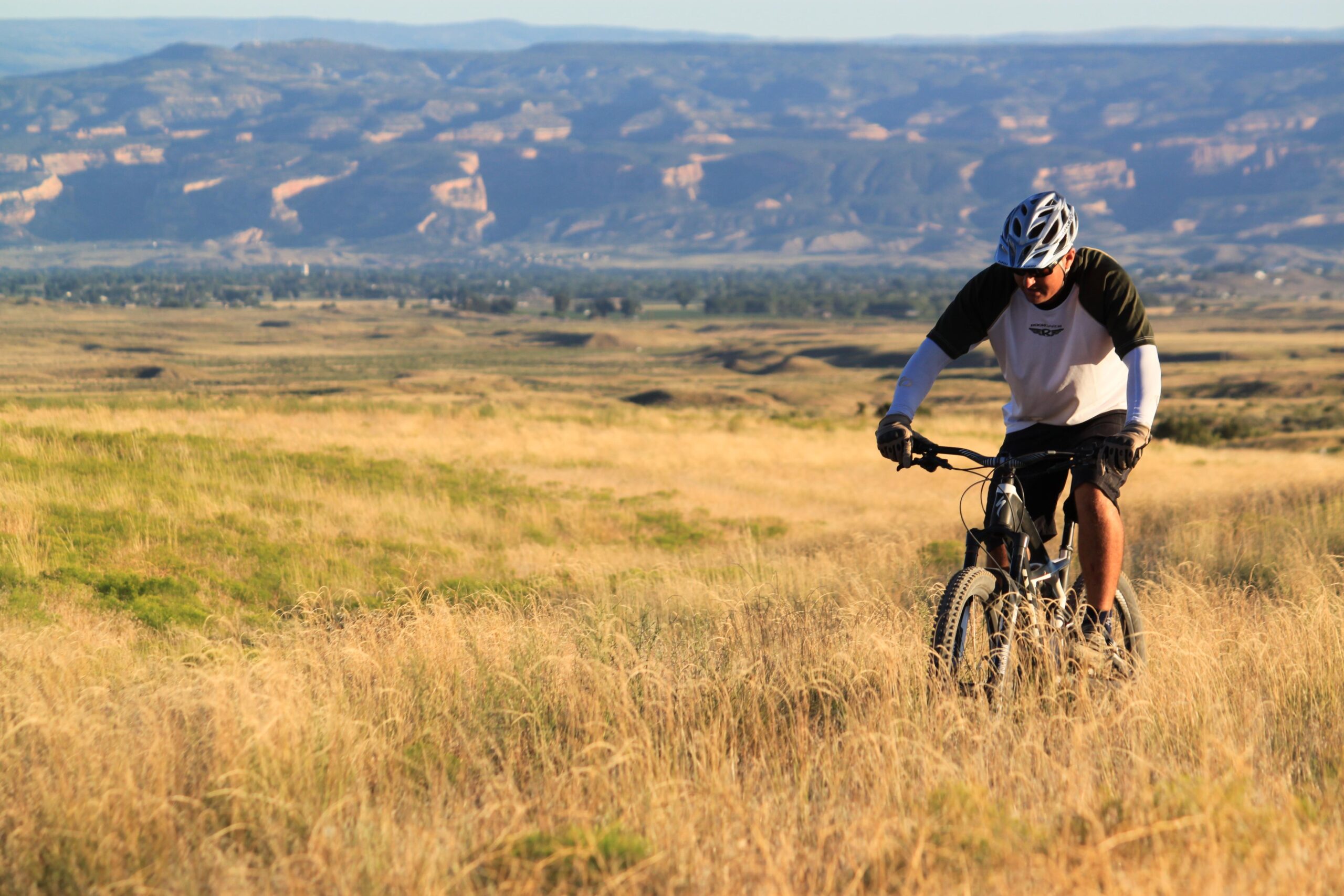 A mountain biker navigating through tall grass on a scenic trail, with rolling hills and mountains in the background under clear blue skies. The cyclist is wearing a helmet and appropriate biking gear. 18 Road Trails / North Fruita Desert mountain bike trail.