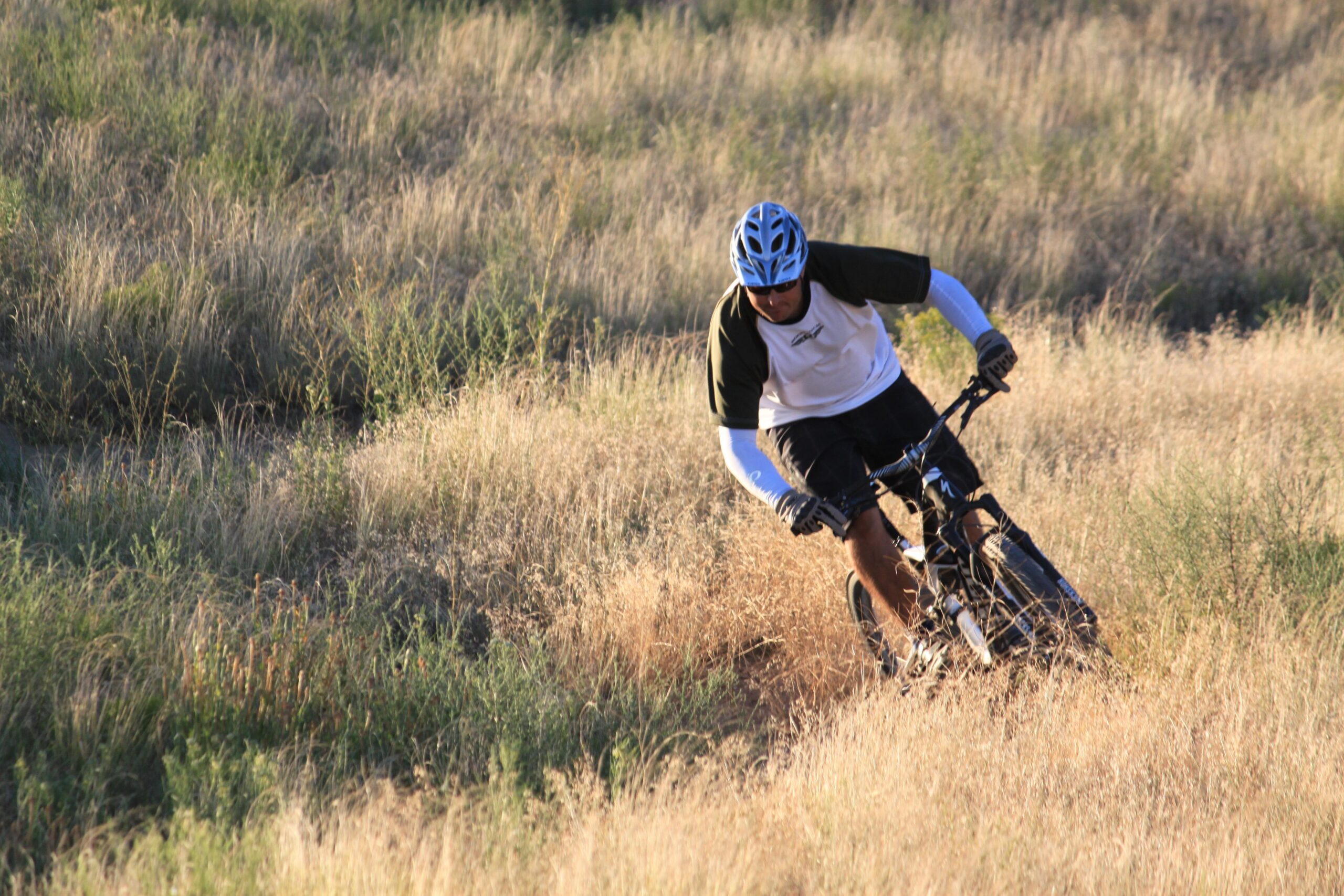 A person riding a mountain bike on a grassy trail, leaning into a turn. The cyclist is wearing a helmet, gloves, and a short-sleeved shirt, with the sunlight illuminating the surrounding tall grass and foliage. 18 Road Trails / North Fruita Desert mountain bike trail.