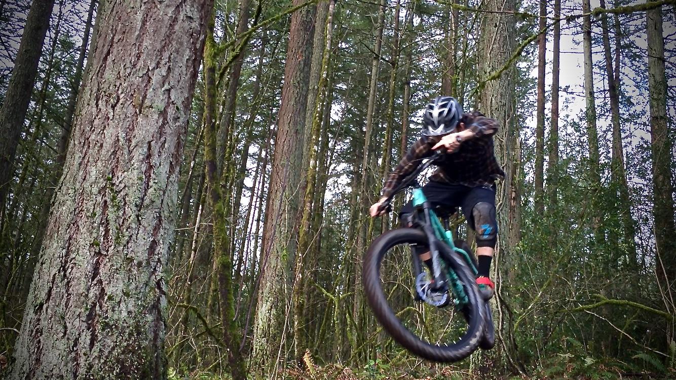 A mountain biker in mid-air performing a jump on a trail in a dense forest, surrounded by tall trees and natural greenery. The cyclist is wearing a helmet and protective gear, showcasing an active outdoor lifestyle. Round Lake mountain bike trail.
