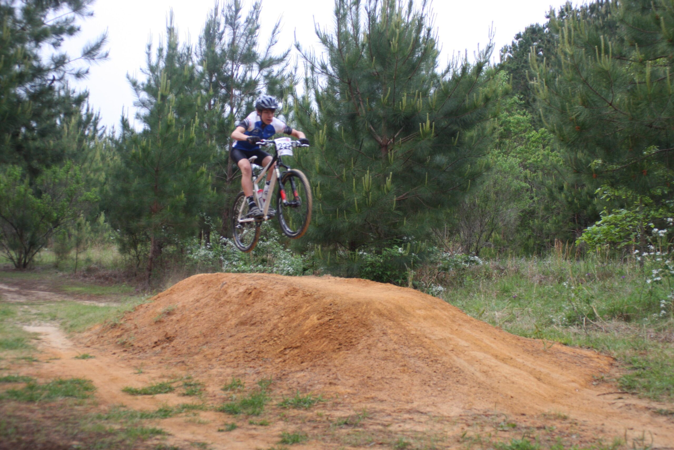 A mountain biker in mid-air, performing a jump over a dirt ramp on a forested trail. Surrounding the jump are tall pine trees and green foliage, indicating a natural outdoor setting. Mt. Zion Bike Trails mountain bike trail.