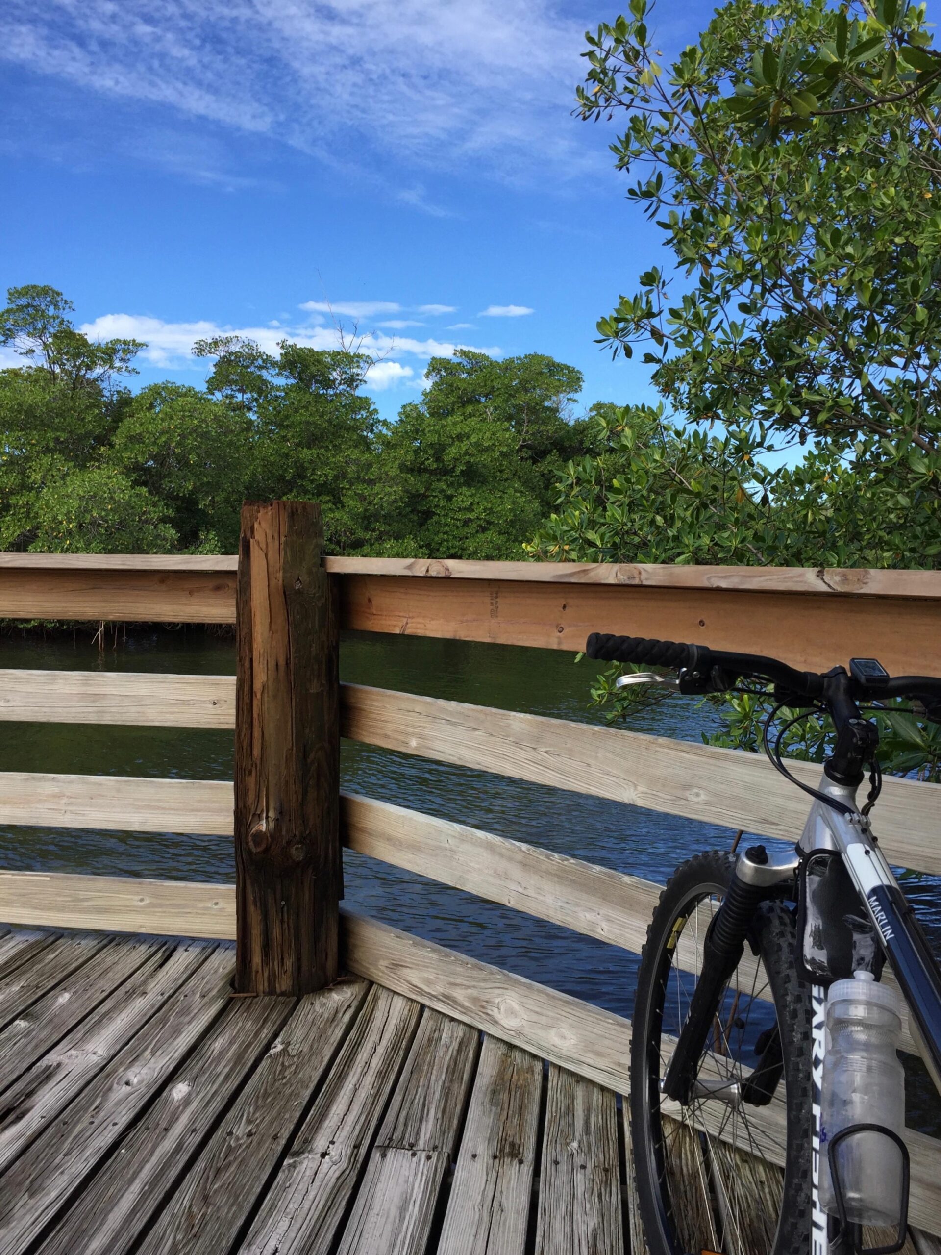 Gary Fisher Marlin: A wooden deck overlooking a body of water, with lush green trees in the background and a clear blue sky. A bicycle is parked at the edge of the deck, leaning against the railing.