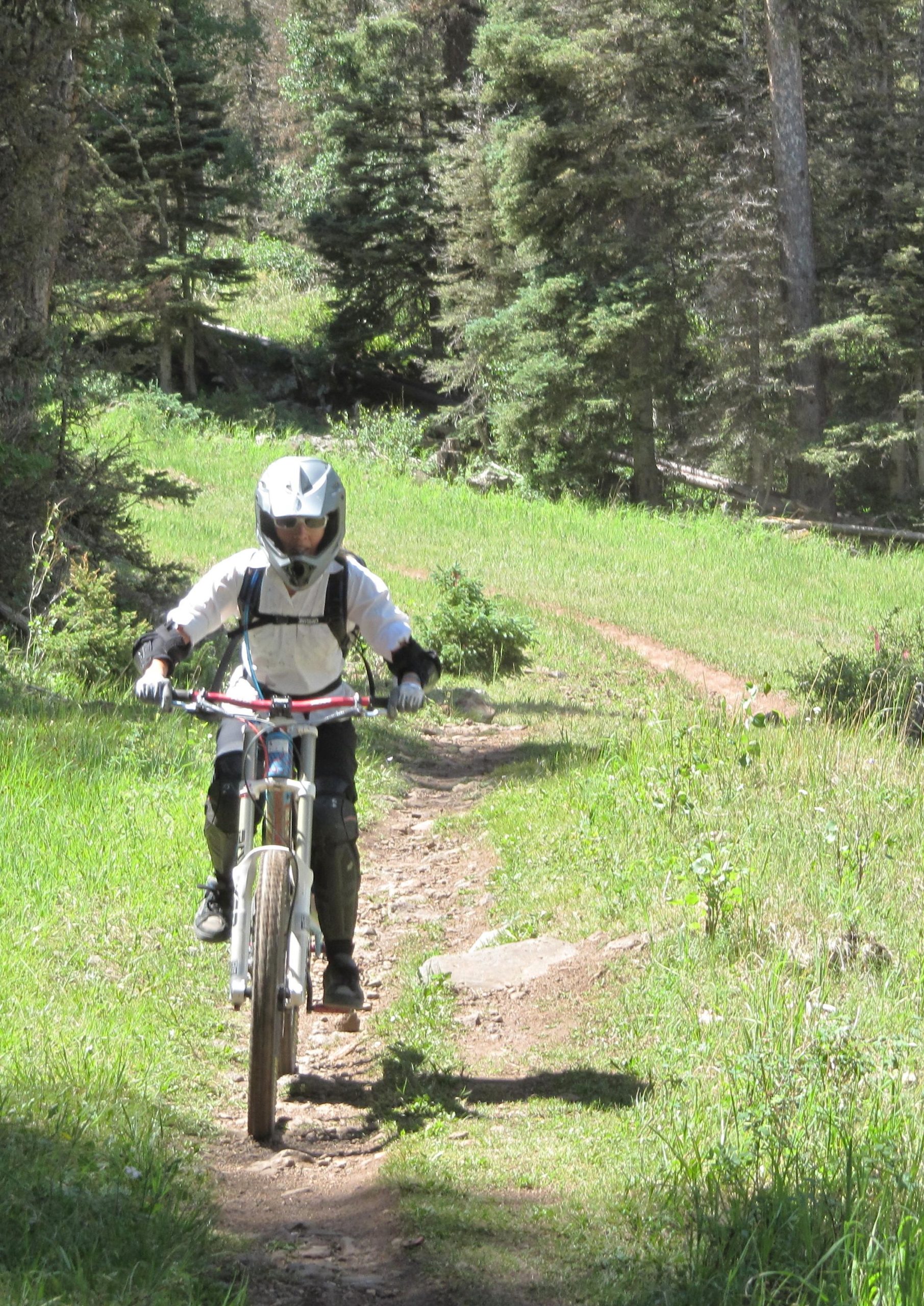 A person in protective gear riding a mountain bike along a dirt trail surrounded by greenery and trees. The cyclist is focused as they navigate the path, showcasing the outdoor adventure spirit. Angel Fire Bike Park mountain bike trail.