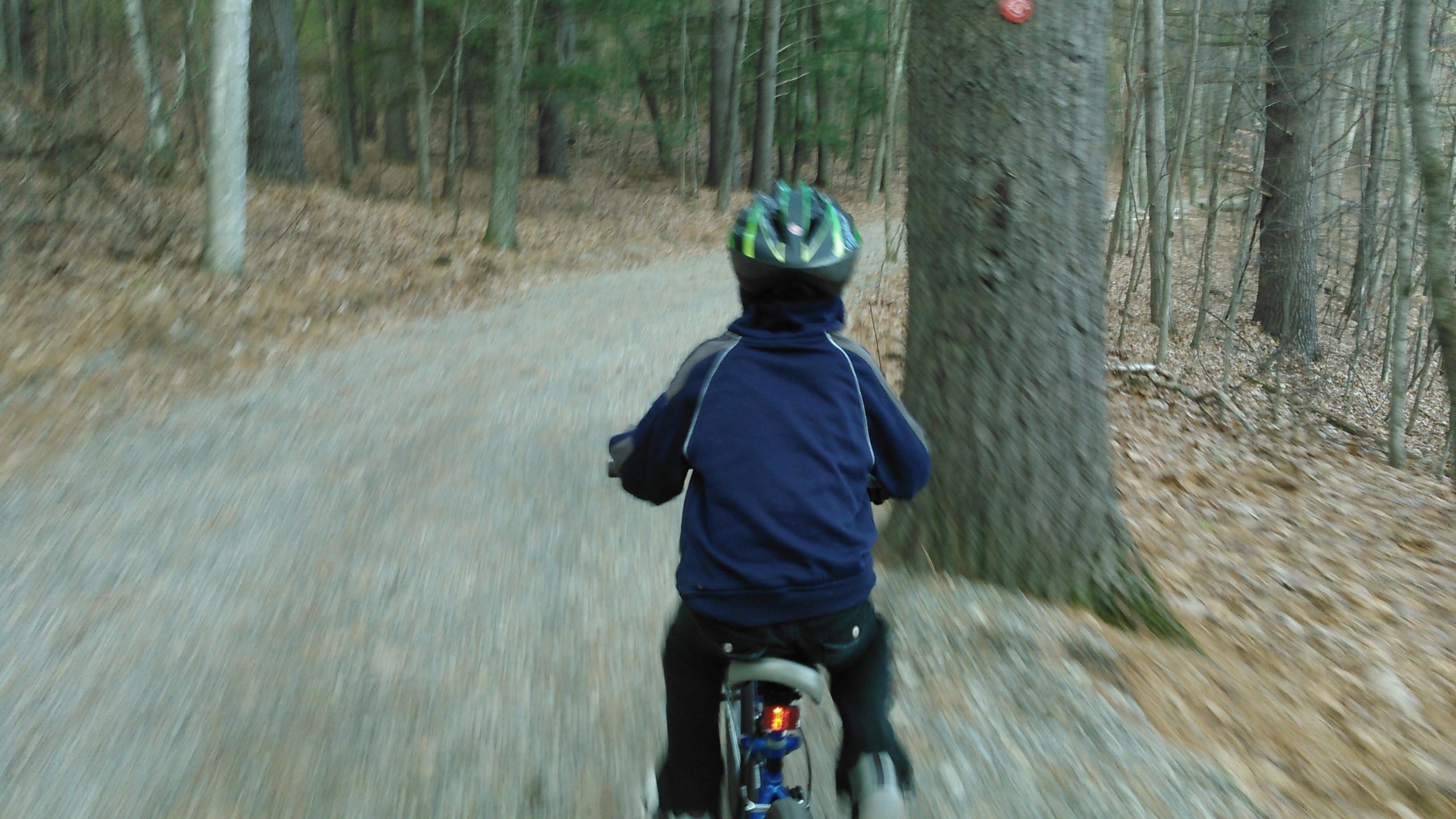 A child wearing a helmet rides a bicycle along a gravel path in a wooded area, surrounded by trees and fallen leaves. The image has a motion blur effect, indicating movement along the trail. Rush Pond mountain bike trail.