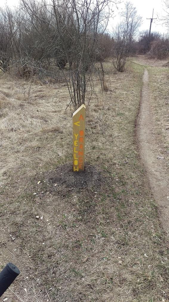 Alt text: A wooden trail marker with an arrow pointing to the left is displayed on a grassy path surrounded by sparse trees and shrubs. The marker reads "OFF-ROAD." A bicycle handlebar is visible in the lower left corner of the image. Olson Park mountain bike trail.