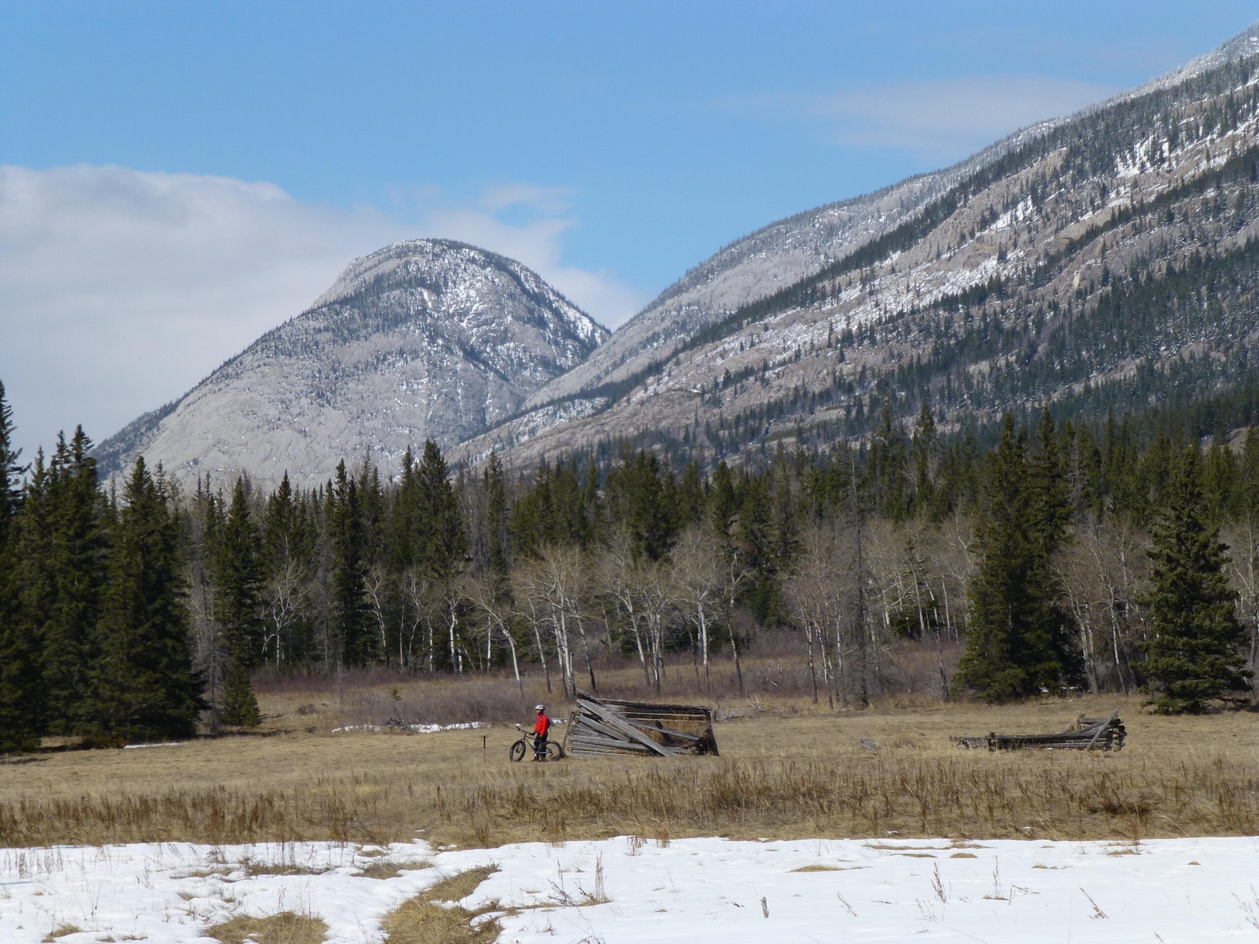 A mountain biker in a red jacket rides along a grassy area near a snow-covered patch, surrounded by dense evergreen trees. In the background, snow-capped mountains rise under a partly cloudy blue sky. Remnants of an old wooden structure are visible in the foreground. The Overlander mountain bike trail.