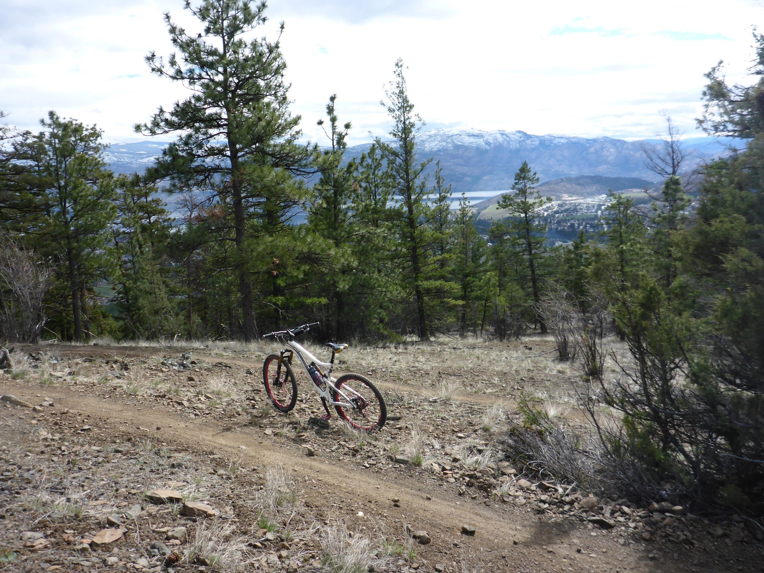 A mountain bike resting on a dirt trail surrounded by pine trees, with a scenic view of mountains and a lake in the background under a cloudy sky. Smith Creek mountain bike trail.