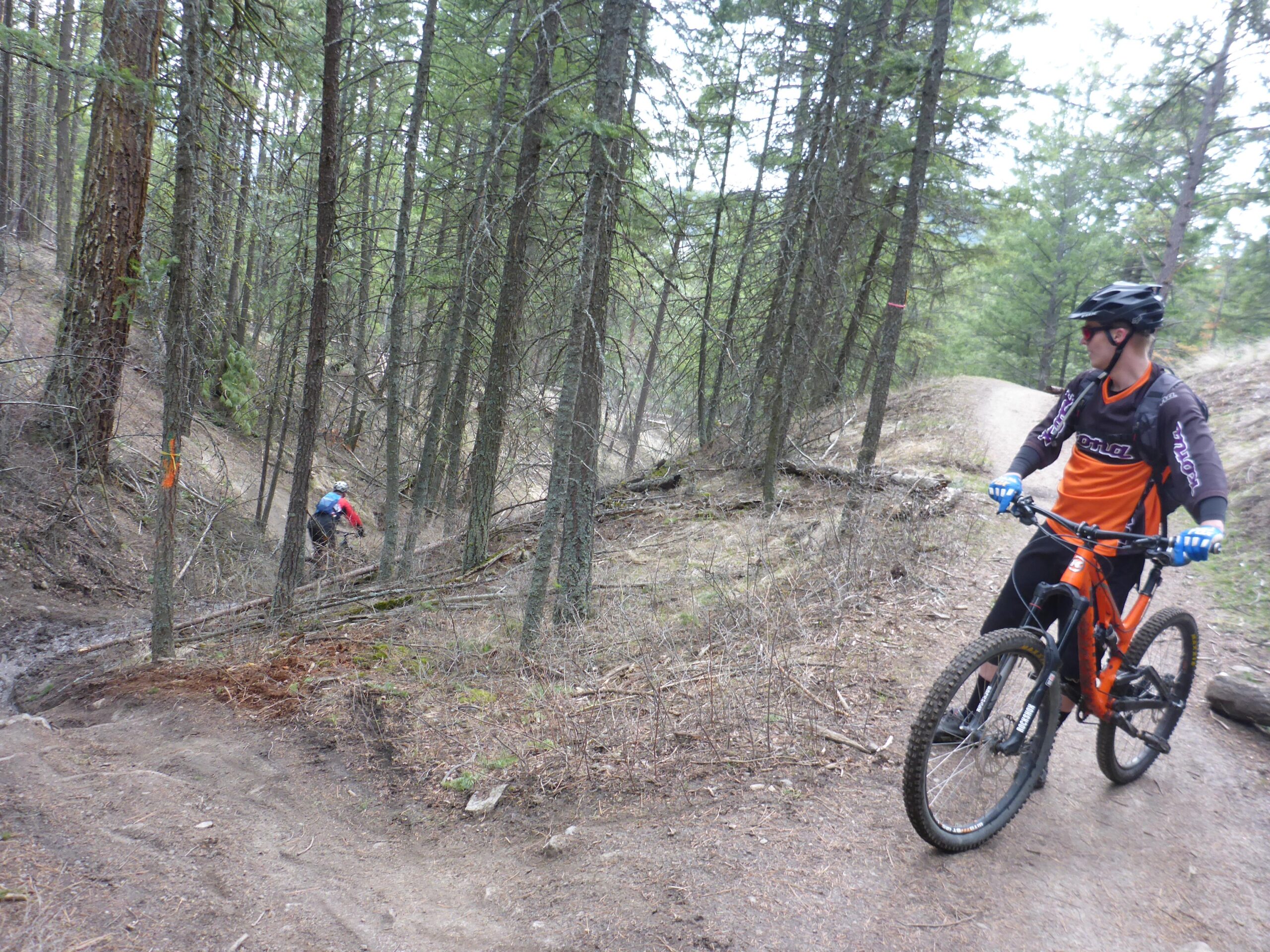 A mountain biker in an orange jersey and helmet pauses on a dirt path surrounded by tall trees, watching another rider descend a nearby trail. The scene captures a lush forest environment, with the two bikers engaged in their outdoor activity. Smith Creek mountain bike trail.