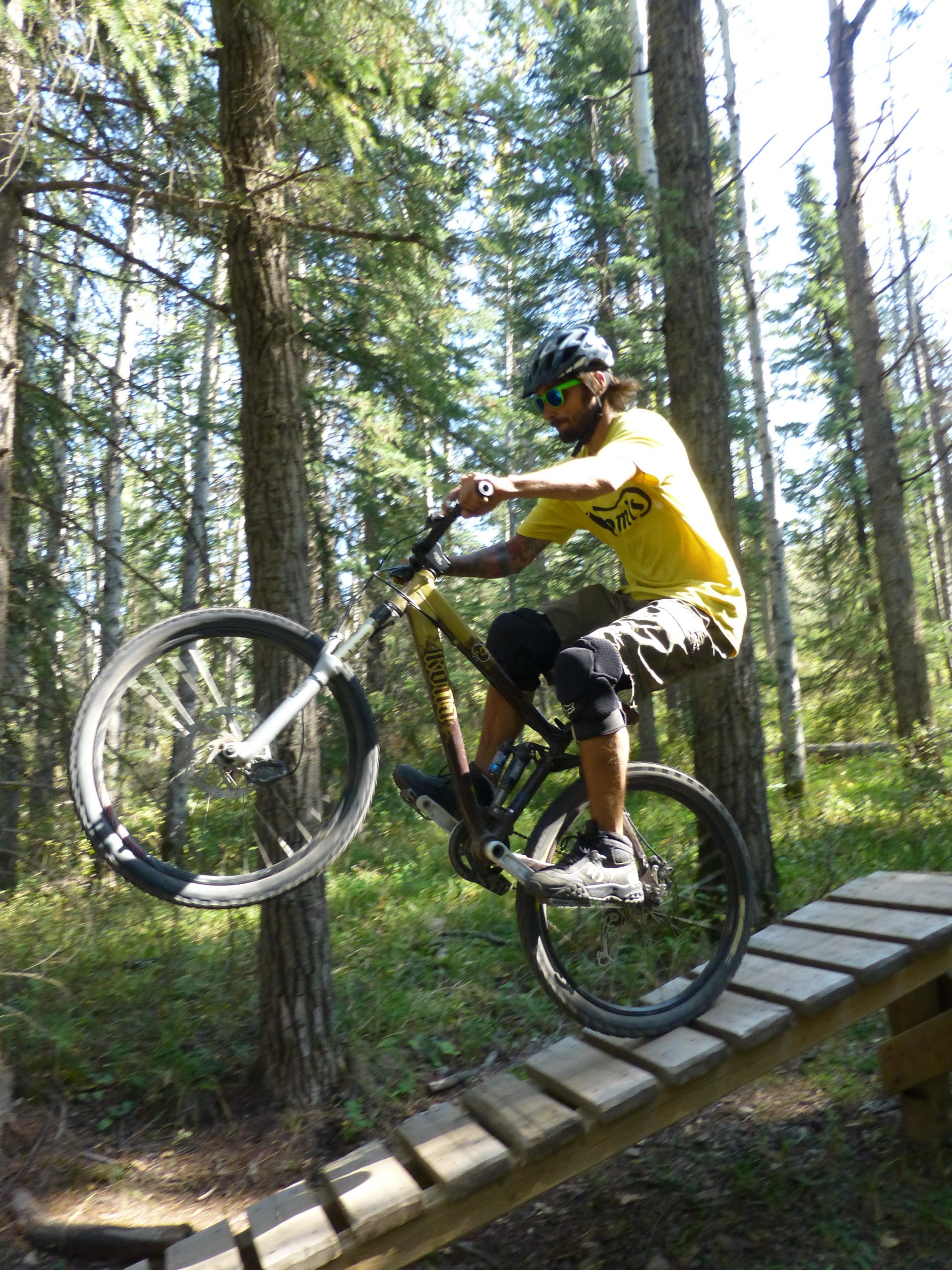 A mountain biker in a yellow shirt performs a trick on a wooden ramp in a forested area. The rider, wearing a helmet and sunglasses, lifts the front wheel off the ramp, surrounded by tall trees and greenery. Hinton Skills Park mountain bike trail.
