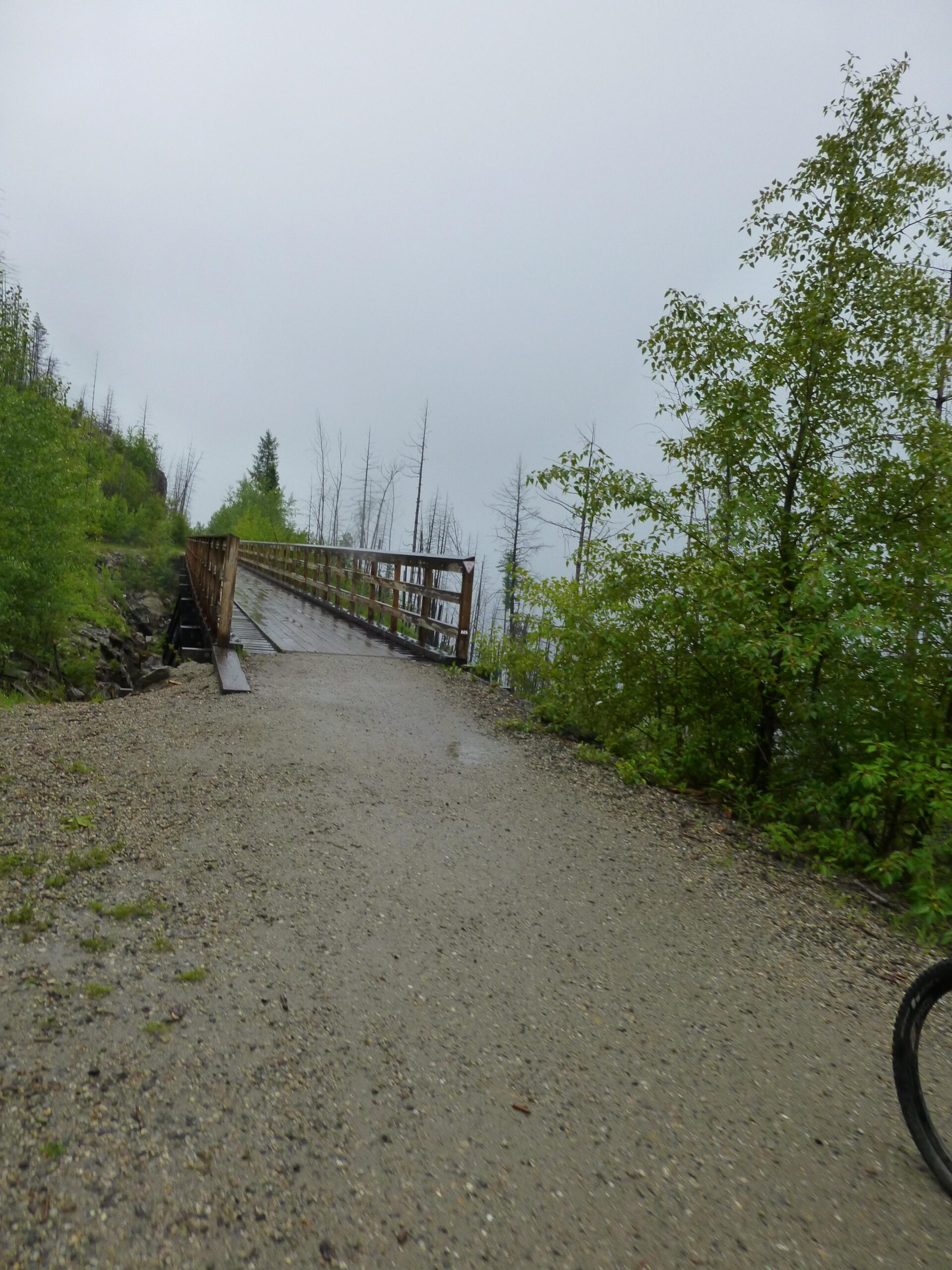 A rain-soaked path leading to a wooden bridge surrounded by green foliage and sparse, burned trees under a cloudy sky. Kettle Valley Railway Trail (KVR) Myra Canyon to Penticton return mountain bike trail.