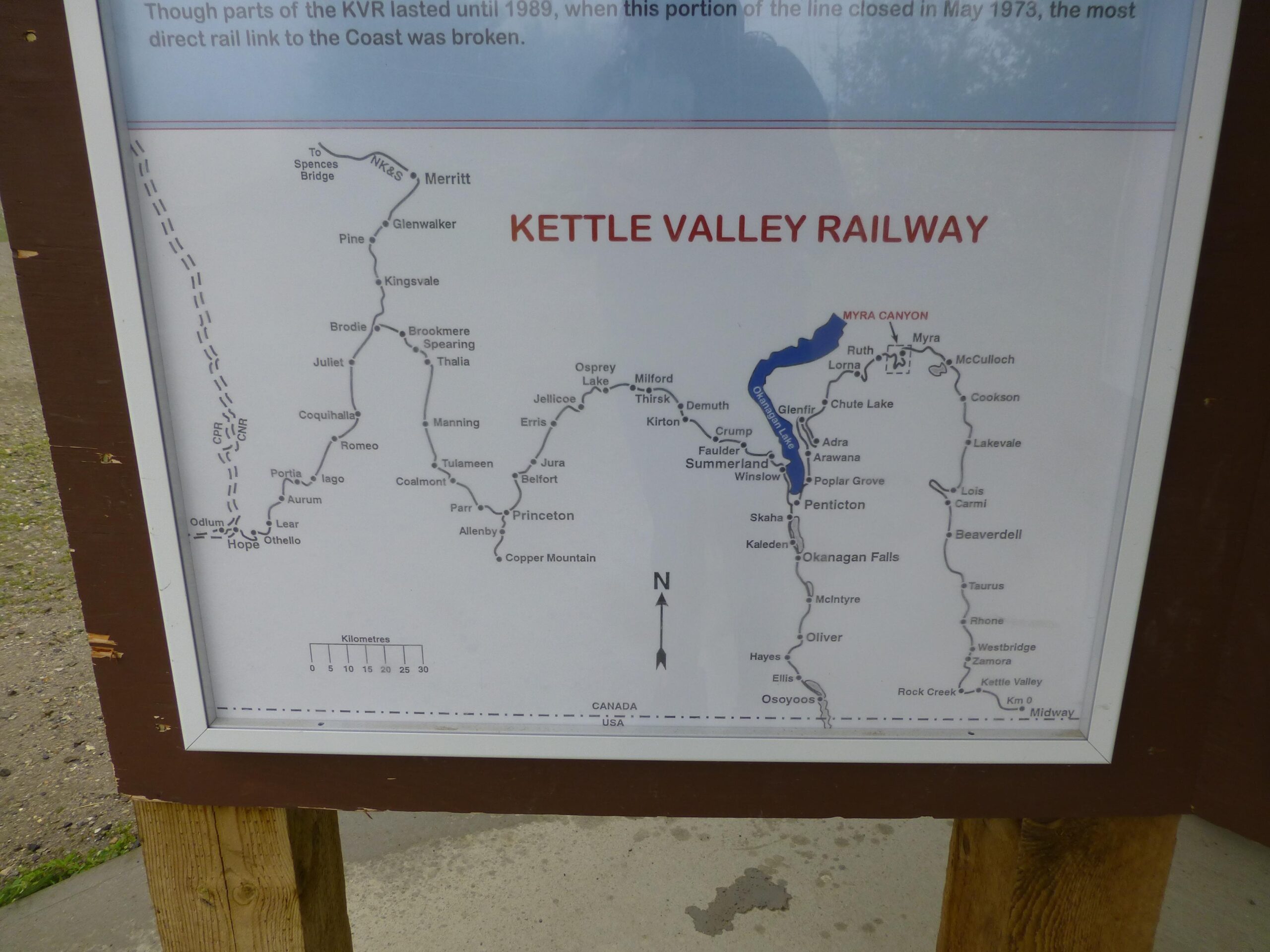 Map of the Kettle Valley Railway, showing various locations along the route including major towns and geographical features. North direction is indicated, with a scale for distance measurement in kilometers. Kettle Valley Railway Trail (KVR) Myra Canyon to Penticton return mountain bike trail.