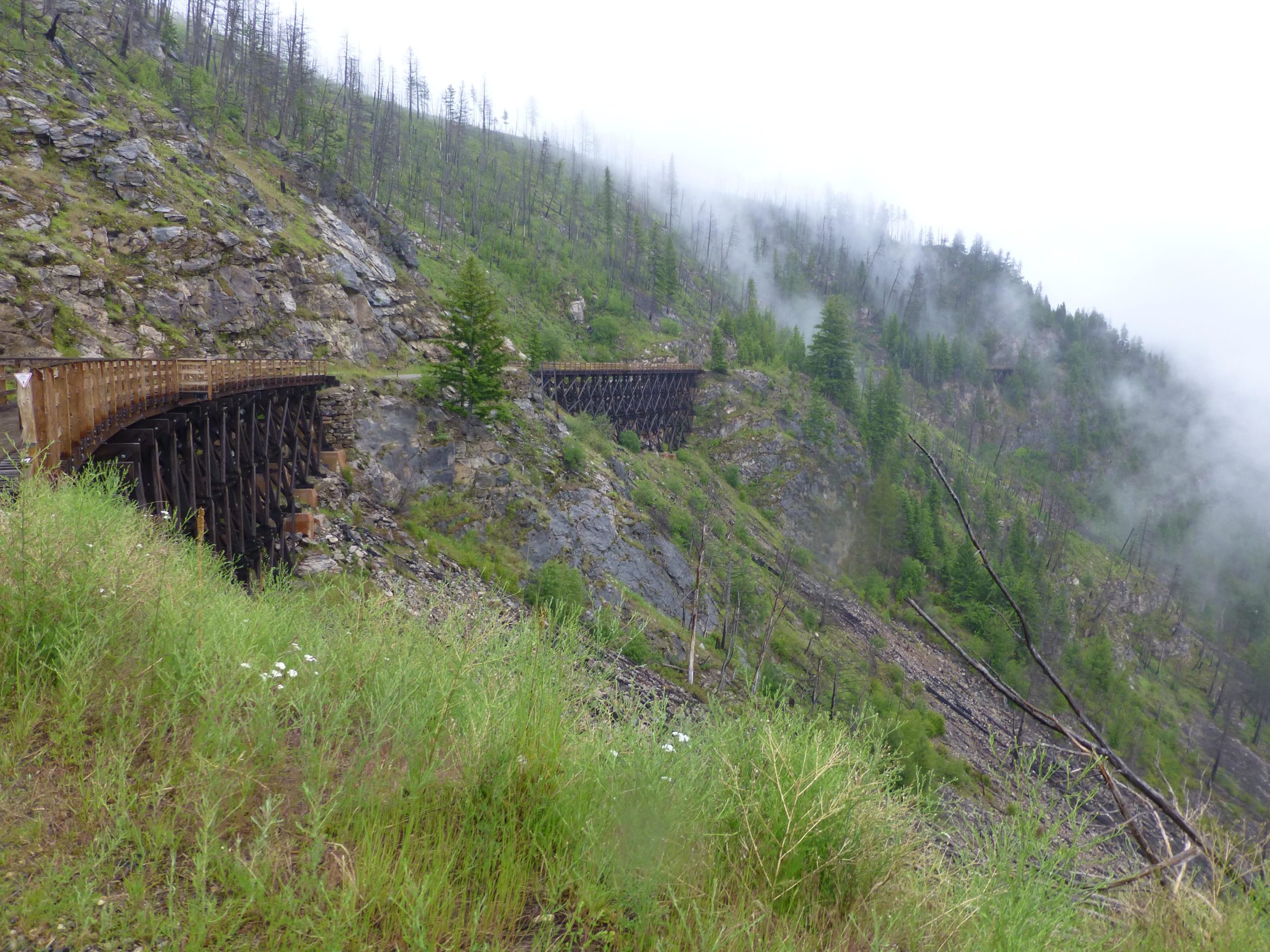 A scenic view of a wooden trestle bridge winding along a mountainous landscape, surrounded by mist and evergreen trees. The foreground features lush greenery and wildflowers, while the background shows rocky slopes and foggy hills, creating a serene and mysterious atmosphere. Kettle Valley Railway Trail (KVR) Myra Canyon to Penticton return mountain bike trail.