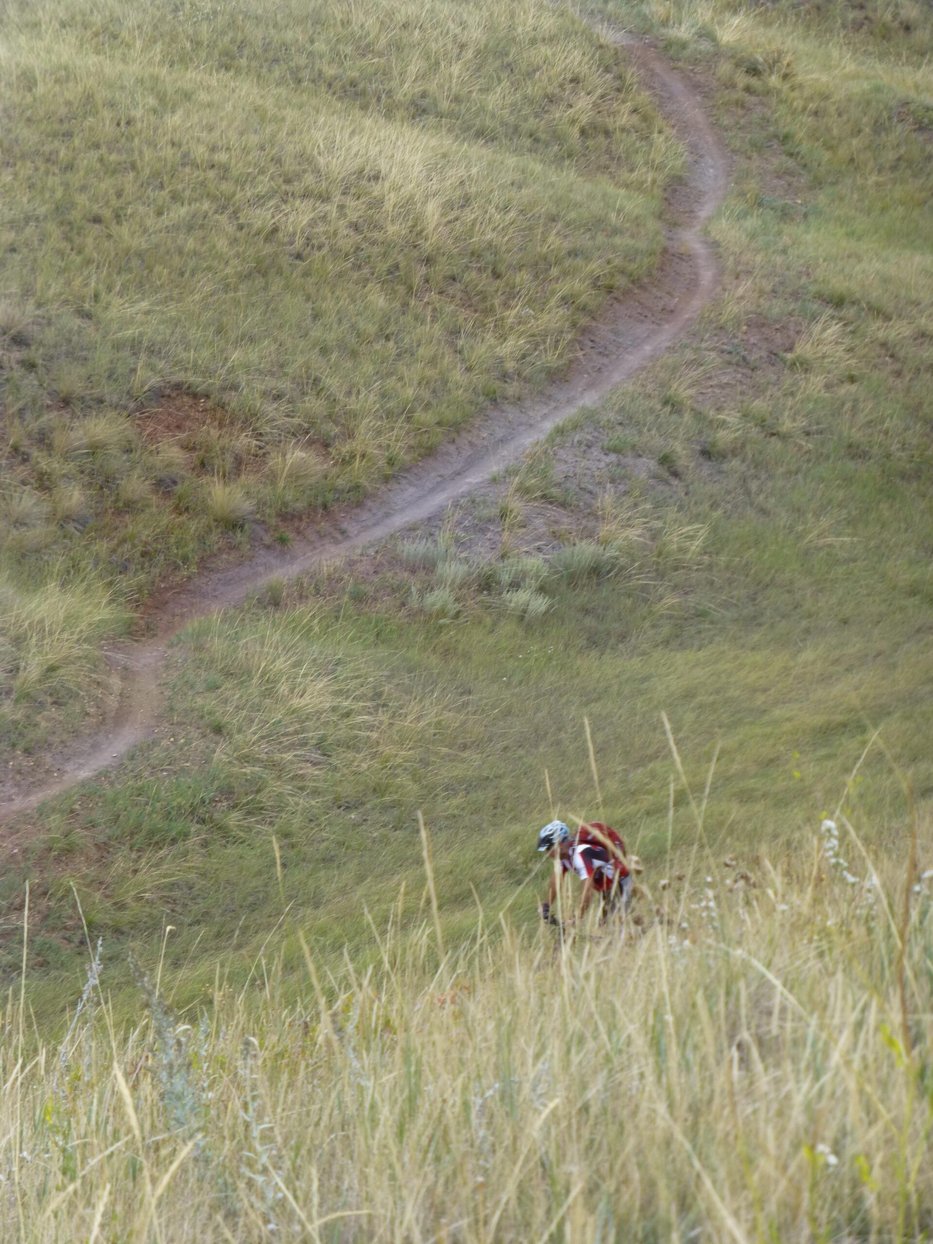 A cyclist wearing a helmet and riding gear navigates a grassy hillside, with a winding dirt path visible in the background. The landscape features tall grasses and a natural, rugged terrain. New Video Game/Yeah Kid mountain bike trail.
