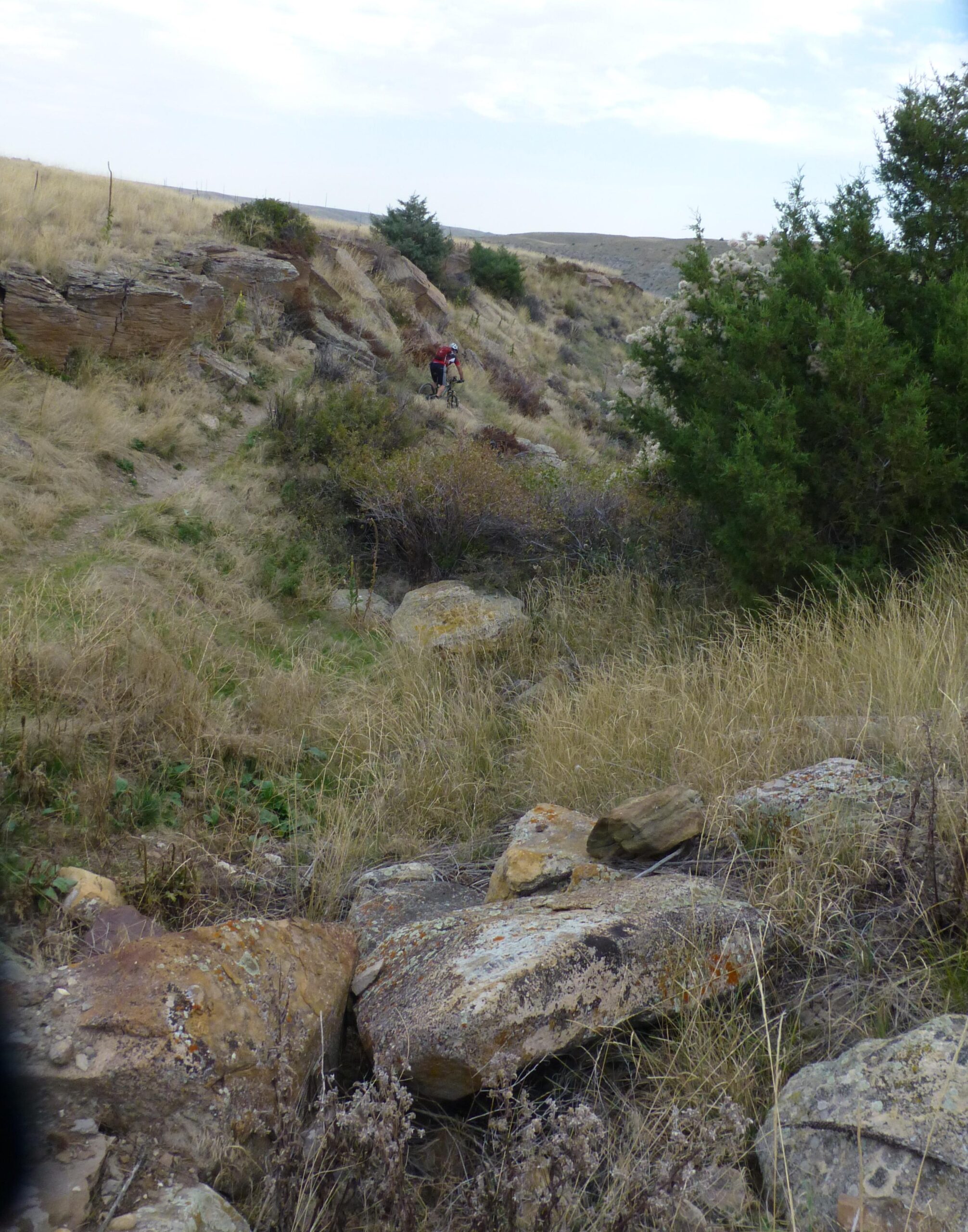A person in hiking gear navigates a rocky trail in a grassy landscape, surrounded by shrubs and small trees. The terrain features large boulders and a hillside in the background under a cloudy sky. New Video Game/Yeah Kid mountain bike trail.