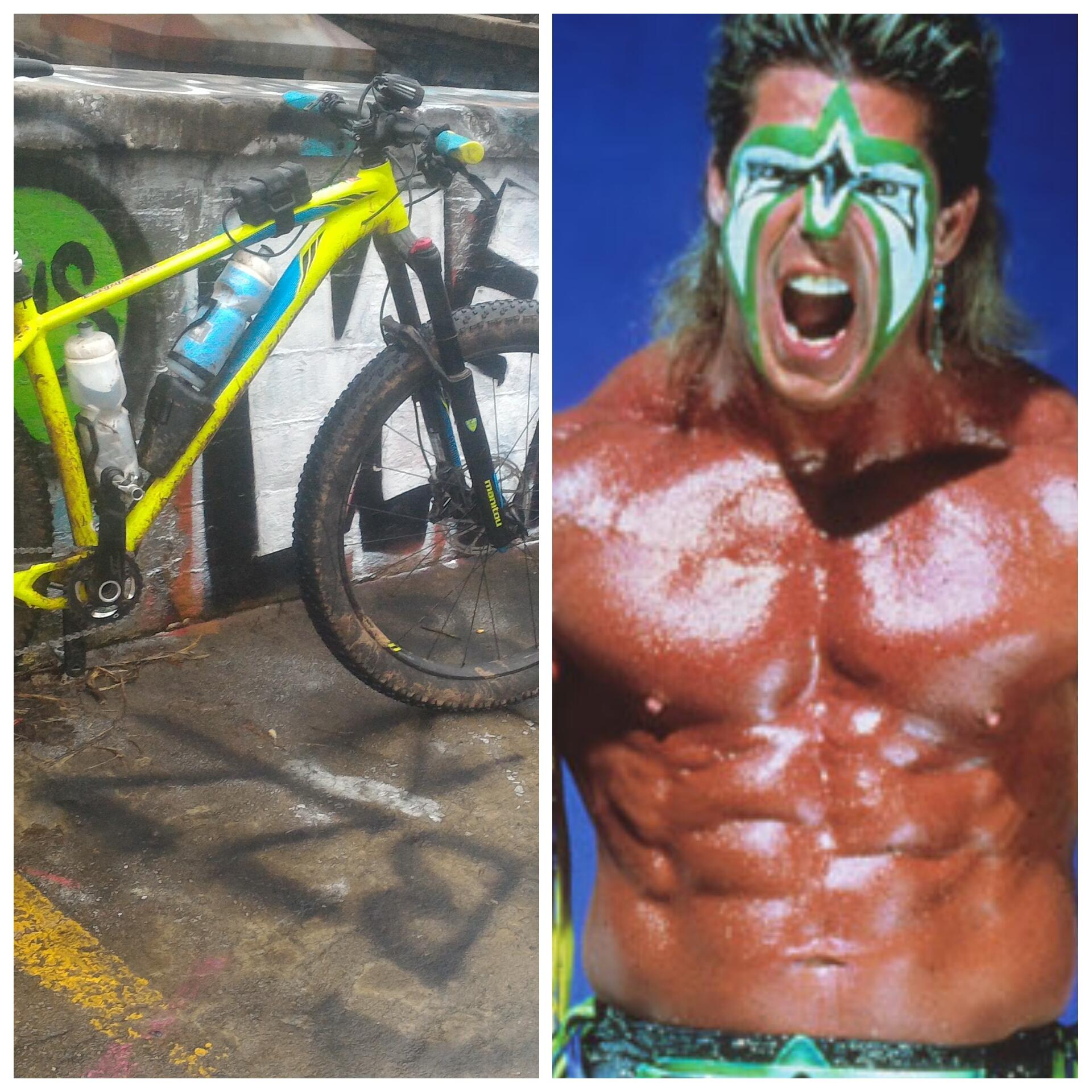 Specialized FUSE EXPERT 6FATTIE: A vibrant yellow mountain bike leaning against a graffiti-covered wall on the left, with dirt on its tires and water bottles attached. On the right, an image of a muscular wrestler with a painted face and a fierce expression, showcasing his defined abs and shoulder length hair.