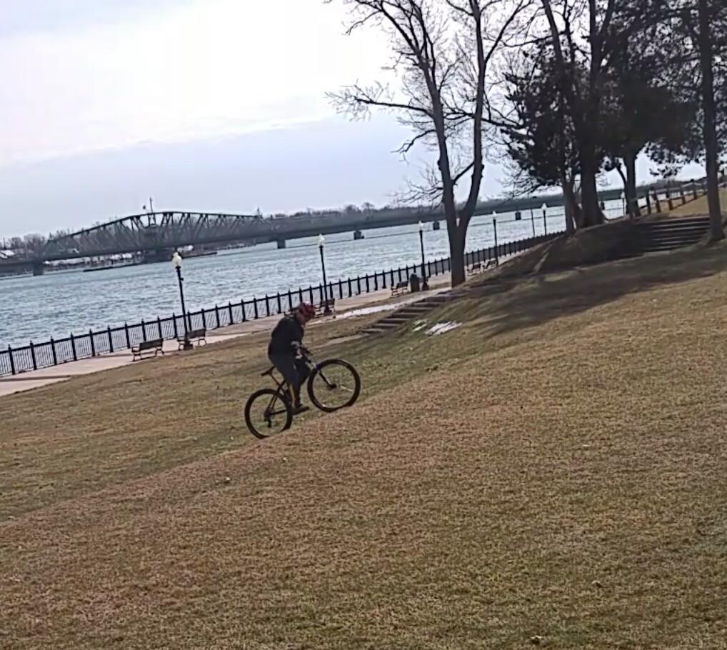 Specialized Hardrock Sport Disc: A person riding a bicycle on a grassy area near a river, with a bridge visible in the background. The scene features trees, a paved path, and benches along the waterfront, under a partly cloudy sky.
