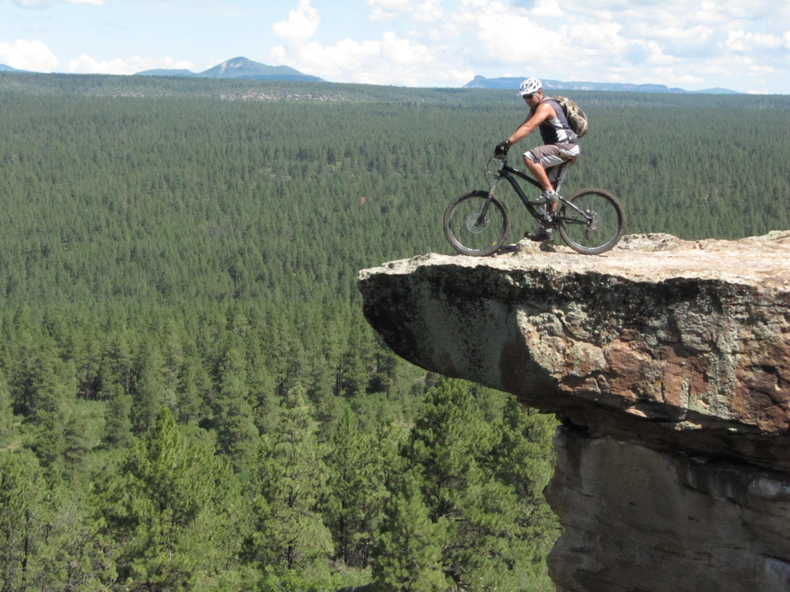 Specialized S-Works Enduro SL Carbon: A mountain biker stands on the edge of a rock cliff, overlooking a vast forest of pine trees and distant mountain peaks under a partly cloudy sky.