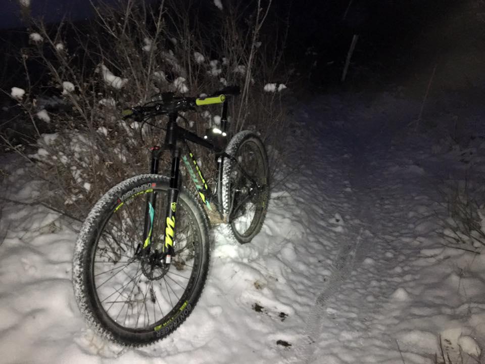 Trek Stache 9: A mountain bike with snow-covered tires stands next to a snow-dusted trail surrounded by sparse vegetation in a dimly lit setting. The ground is blanketed in fresh snow, indicating winter conditions.