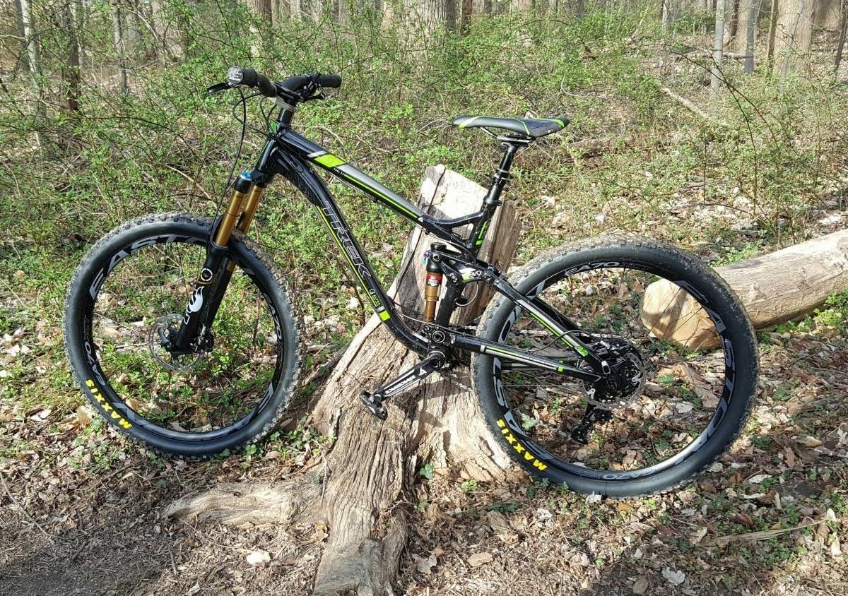 Trek Fuel EX 9: Mountain bike resting against a tree stump in a forested area, surrounded by greenery and fallen leaves, showcasing its black frame with green accents and large tires.