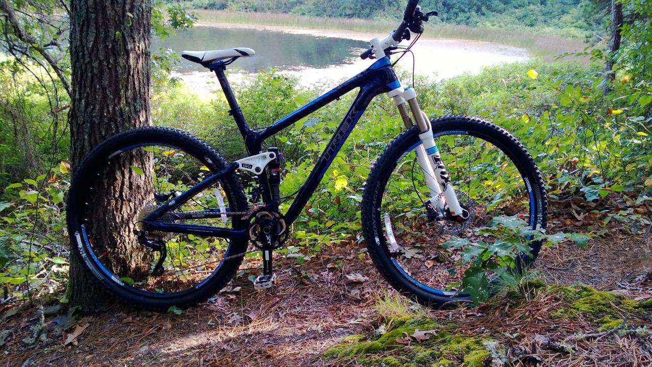 Trek Fuel EX 9.7 29: A mountain bike resting against a tree beside a serene lake, surrounded by lush greenery and fallen leaves. The bike features a blue and black frame with visible components, including suspension forks and rugged tires.