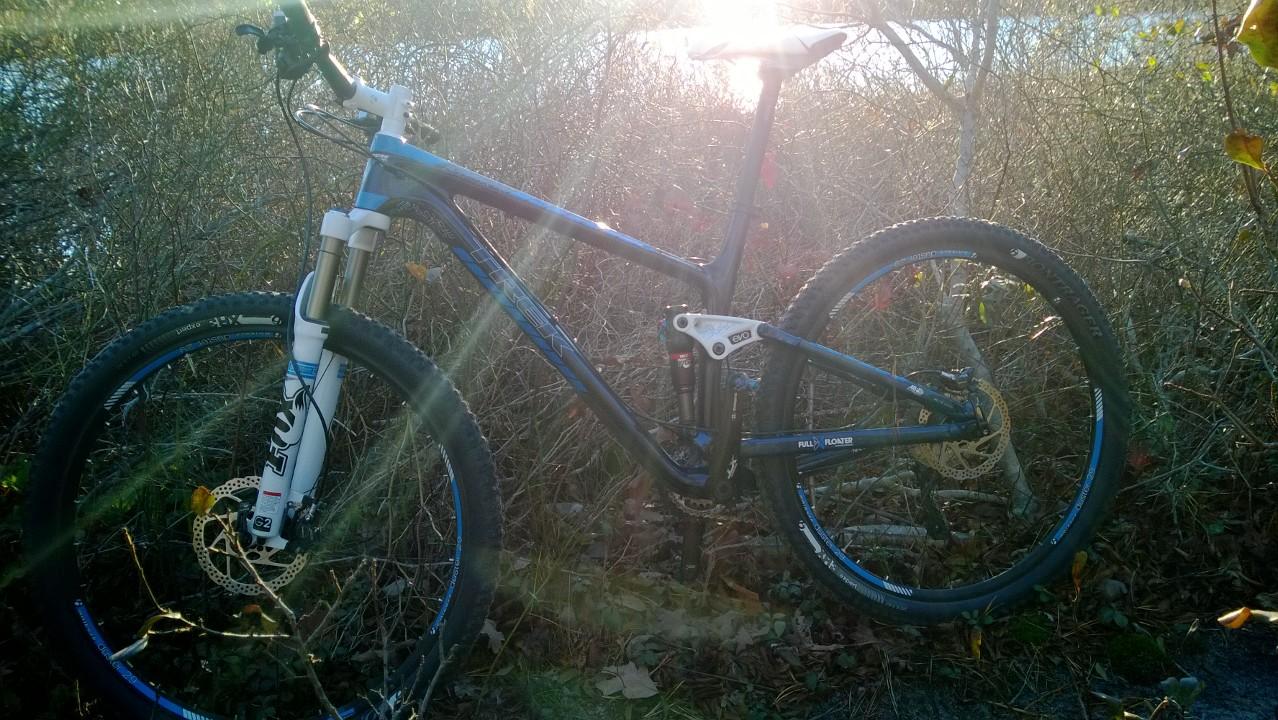 Trek Fuel EX 9.7 29: A blue mountain bike resting against a backdrop of bushes, illuminated by sunlight filtering through the leaves.
