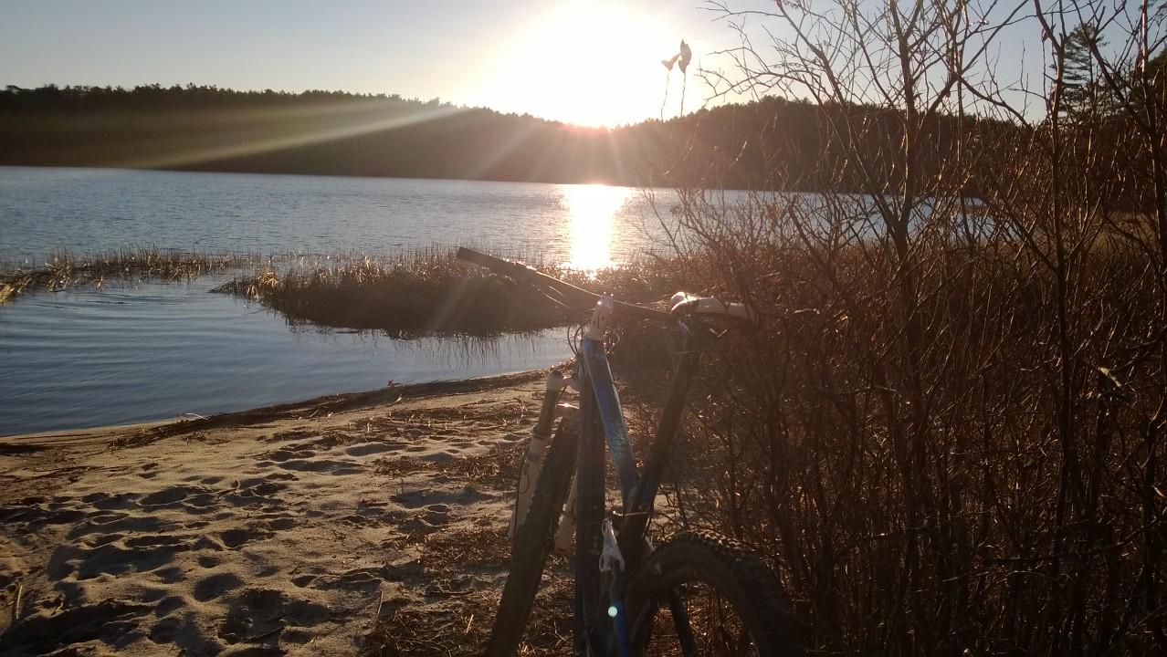 Trek Fuel EX 9.7 29: A mountain bike is leaning against a bush at the edge of a lake, with the setting sun casting a warm glow over the water and surrounding trees. The sandy shoreline is visible in the foreground, and the scene captures a peaceful outdoor moment.