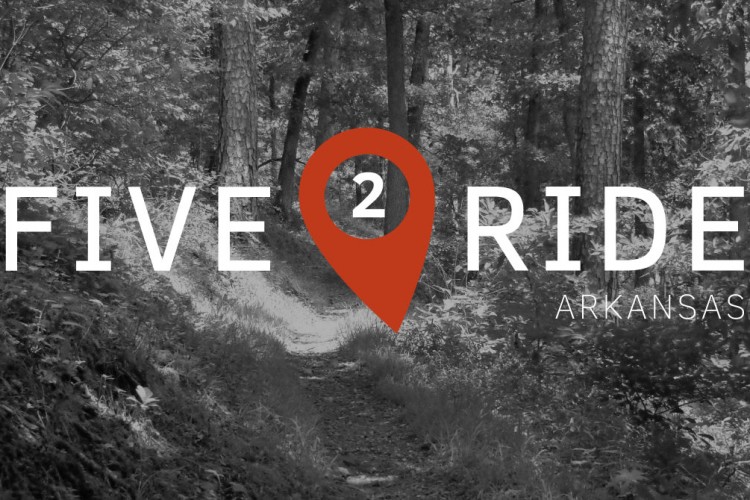 A scenic forest trail with lush greenery and trees in the background, overlaid with the text "FIVE 2 RIDE" and "ARKANSAS" in bold font, with a red location pin graphic integrated into the design. The image has a monochrome filter.