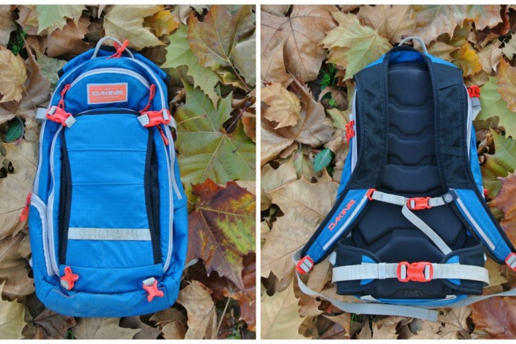 A blue Dakine backpack displayed from two angles, resting on a bed of autumn leaves. The first angle shows the front of the backpack with orange accents, zippers, and a logo. The second angle reveals the back panel with padded straps and additional buckles.