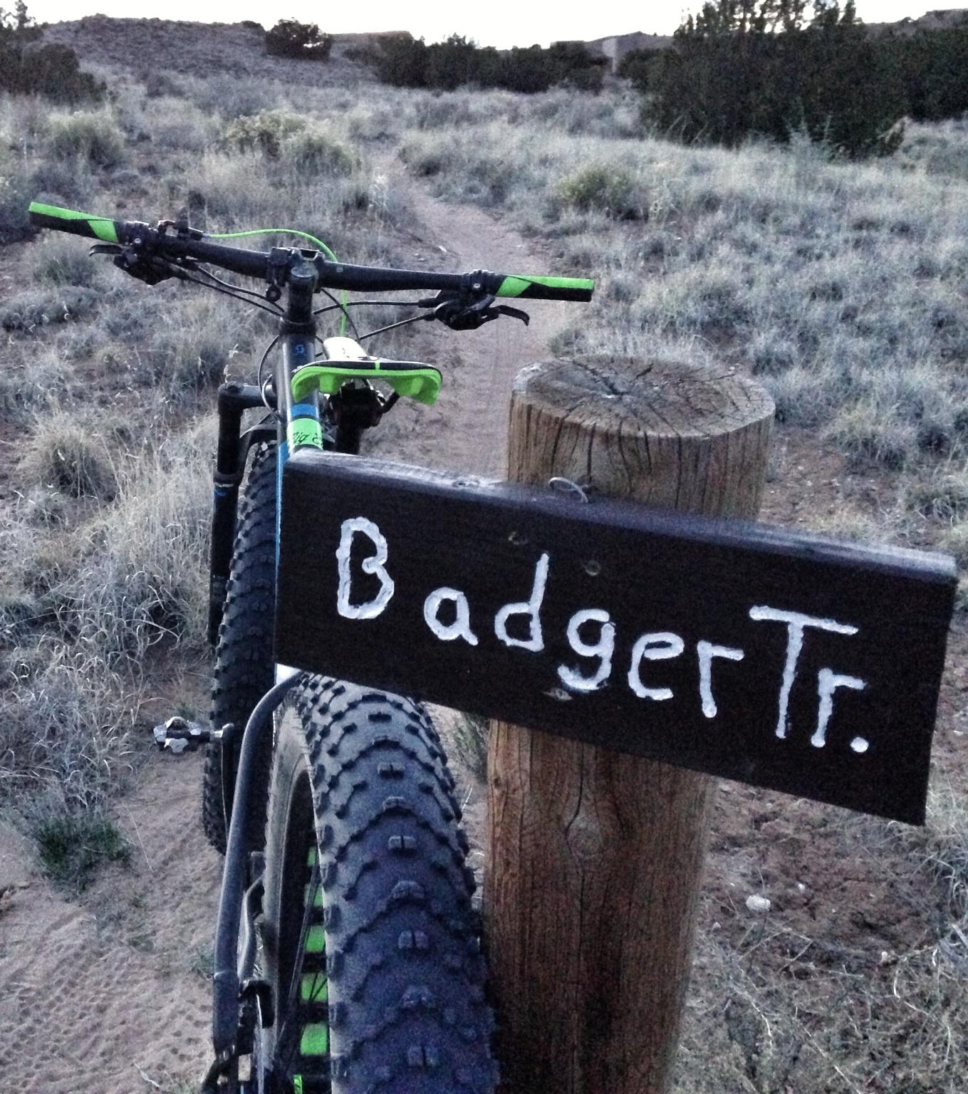 A mountain bike parked next to a wooden trail sign that reads "Badger Tr." The scene is set in a grassy area with sparse vegetation and a dirt path leading into the distance, indicating a trail in a natural landscape during twilight. Badger trail mountain bike trail.