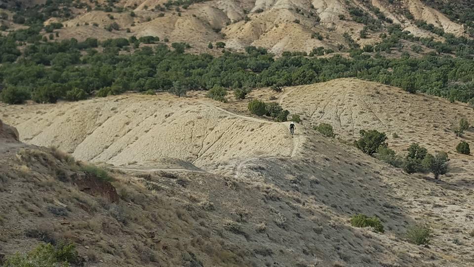 A panoramic view of rolling hills with a cyclist riding along a narrow path. The landscape features dry, textured terrain with patches of vegetation, including trees, in the background. The scene captures the natural beauty of a rugged outdoor setting. Joe's Ridge mountain bike trail.