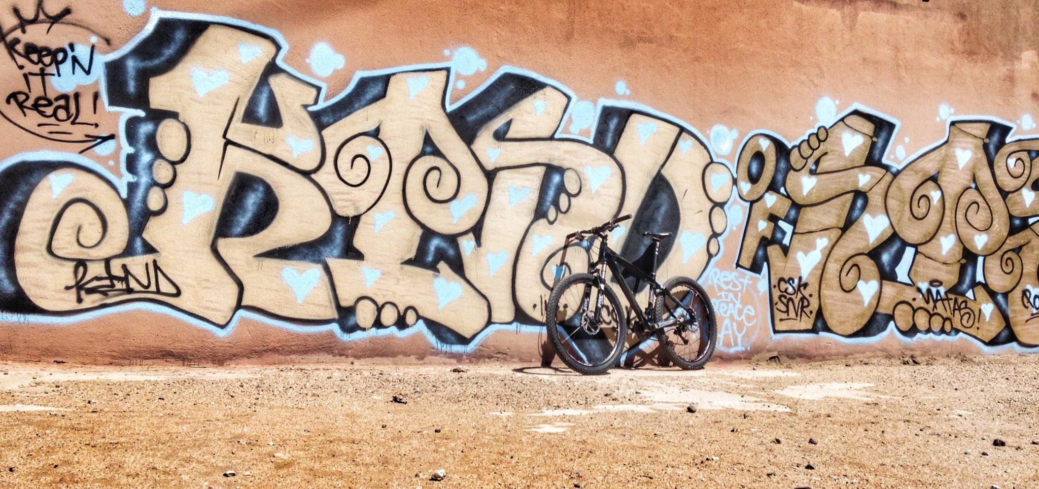 Specialized Stumpjumper: A black mountain bike leaning against a colorful graffiti wall featuring stylized lettering and decorative swirls, with messages such as "Keepin' it real!" and "Rest in peace." The background is a sandy, earthy color that complements the vibrant art.