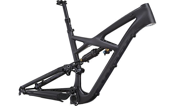 Specialized Enduro S-Works 650b: A black bicycle frame with a lightweight design and visible suspension components, showcasing its modern geometric structure.