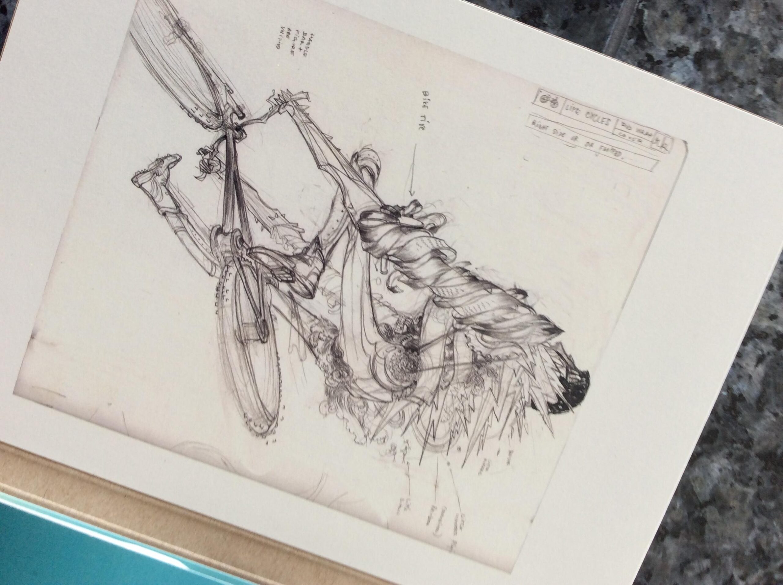 A detailed sketch of a bicycle, featuring intricate line work and annotations. The drawing shows various components of the bike, including wheels and handlebars, with artistic elements that blend technical illustration with creative flair. The sketch is presented on a textured paper background.