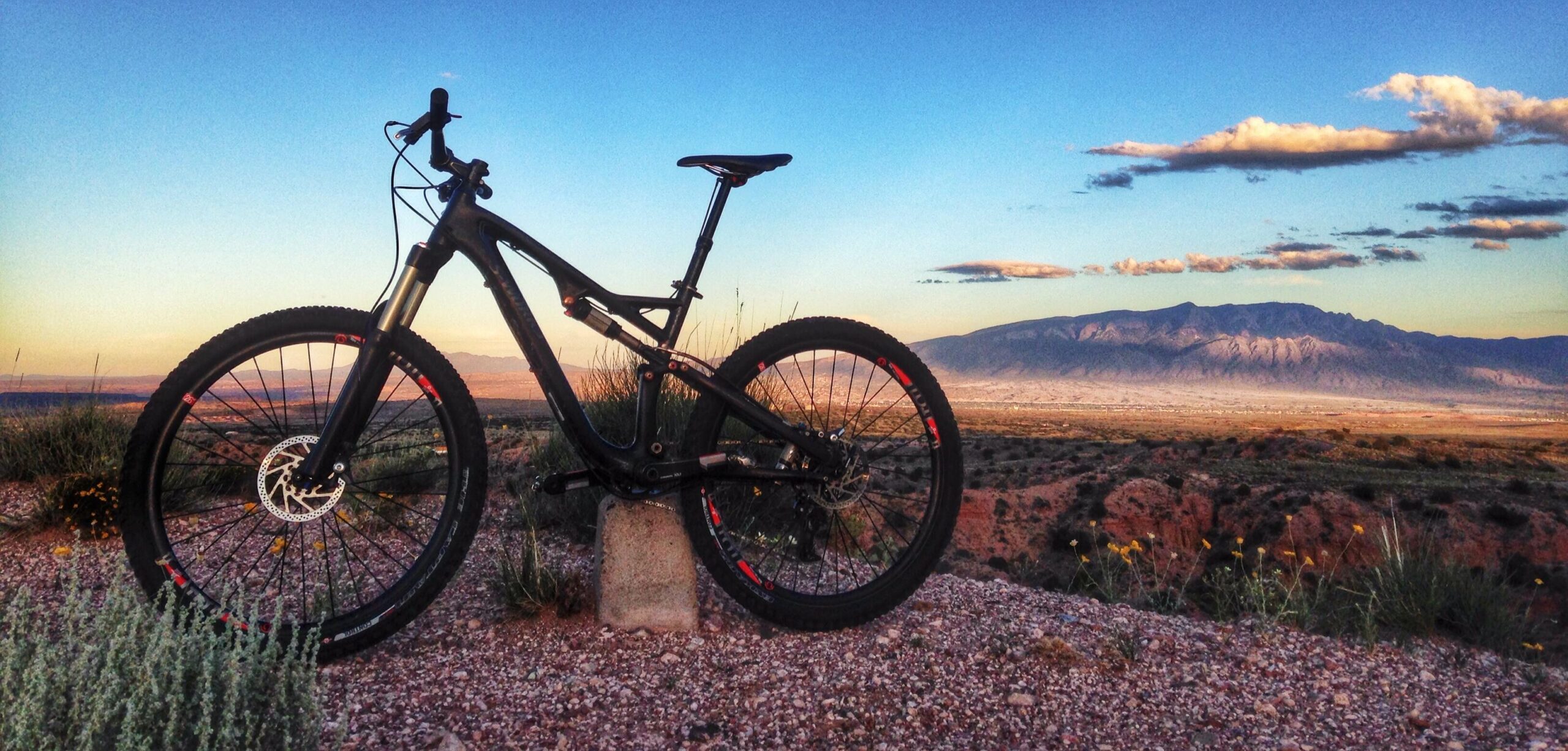 Specialized Stumpjumper FSR Expert: A black mountain bike is propped against a stone in a scenic landscape at sunset. The backdrop features rolling hills and a mountain range, with a colorful sky filled with clouds. The terrain is rocky with sparse vegetation and wildflowers.
