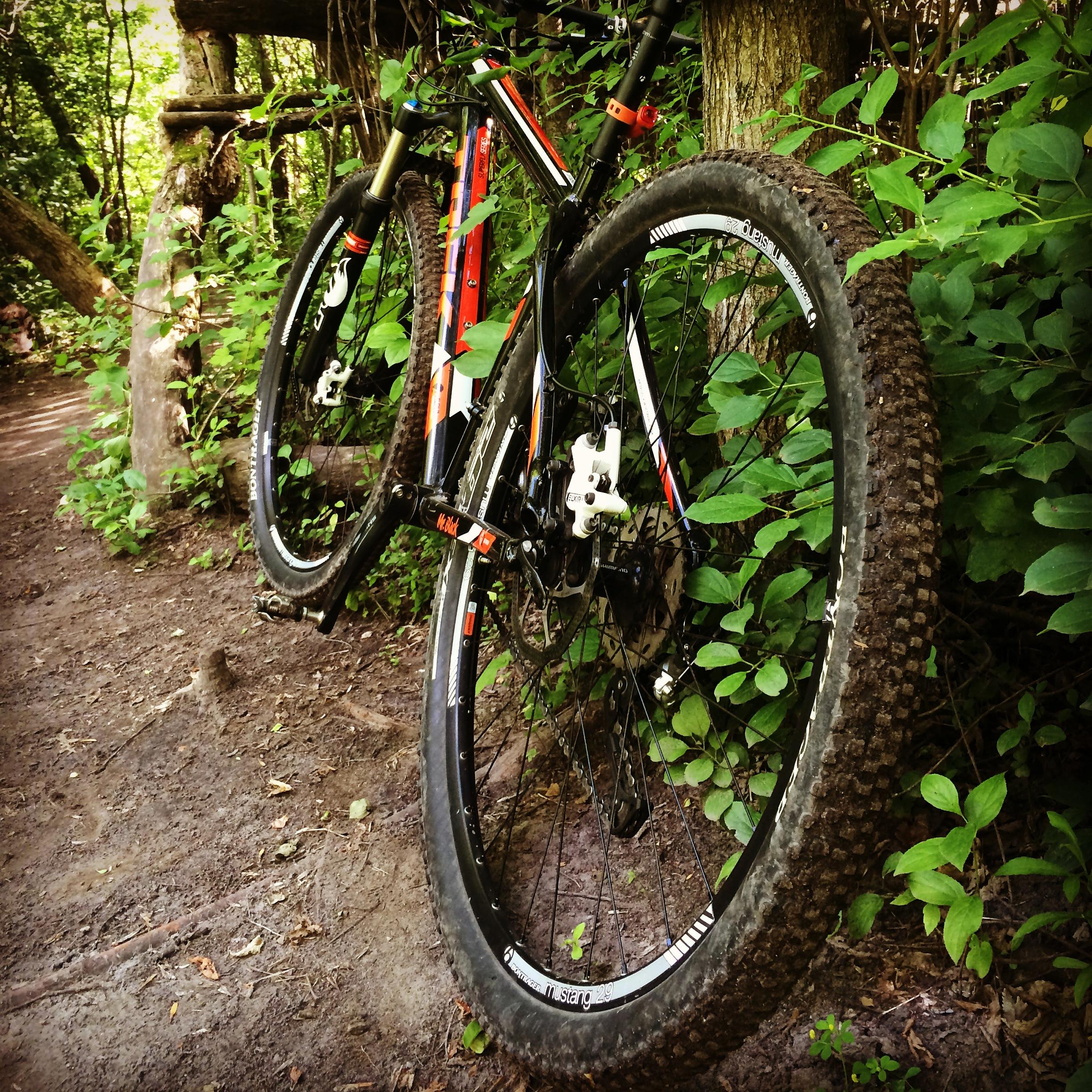 Trek Superfly AL Elite: A mountain bike leaning against a tree in a wooded area, surrounded by green leaves and a dirt path in the background. The bike features thick tires, a colorful frame, and is positioned on a trail that appears to be used for biking and hiking.