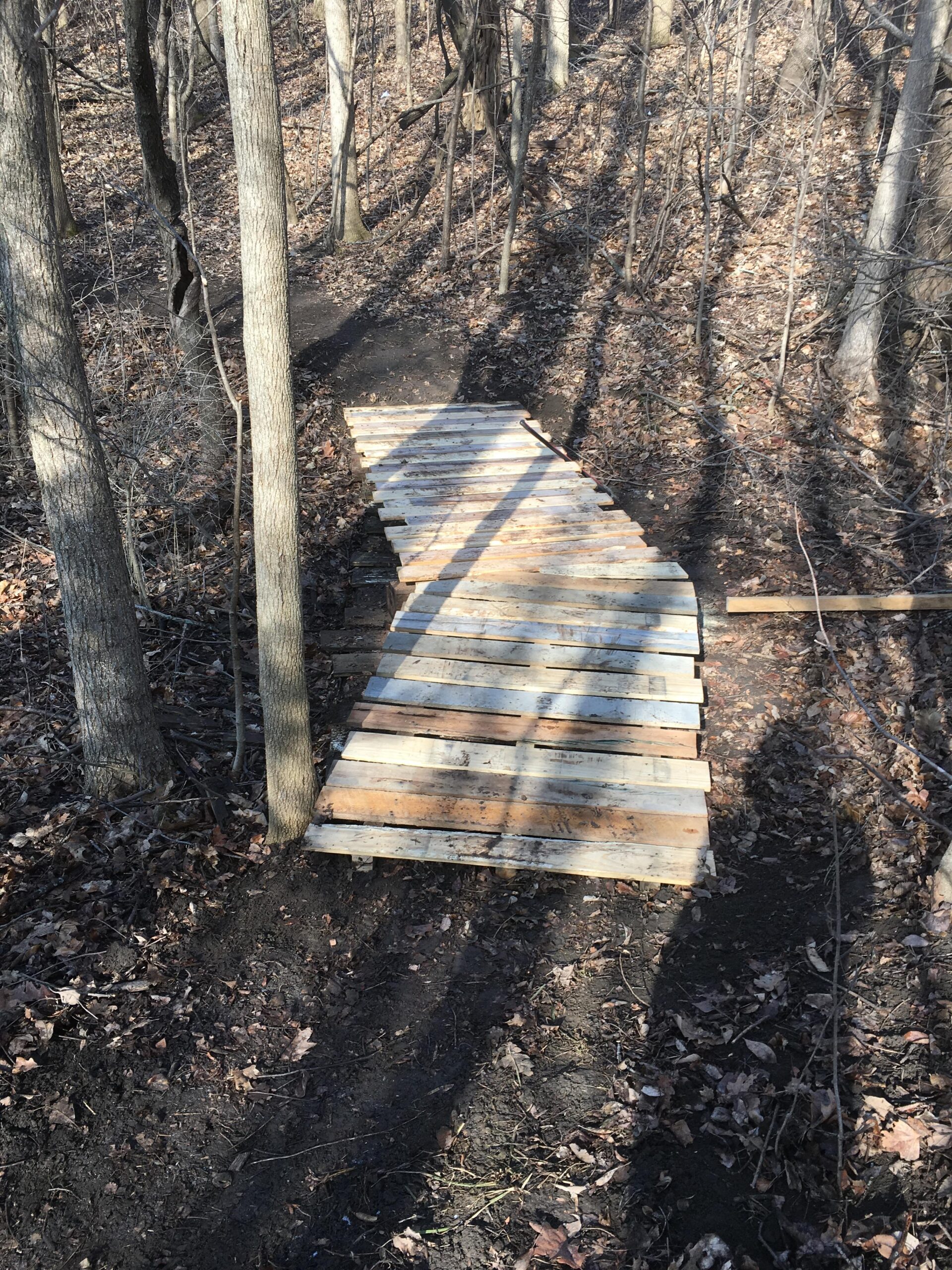 Wooden planks form a curving path through a wooded area, surrounded by bare trees and fallen leaves. The trail is partially shaded, with shadows cast by the trees. Lake Storey Trail System mountain bike trail.