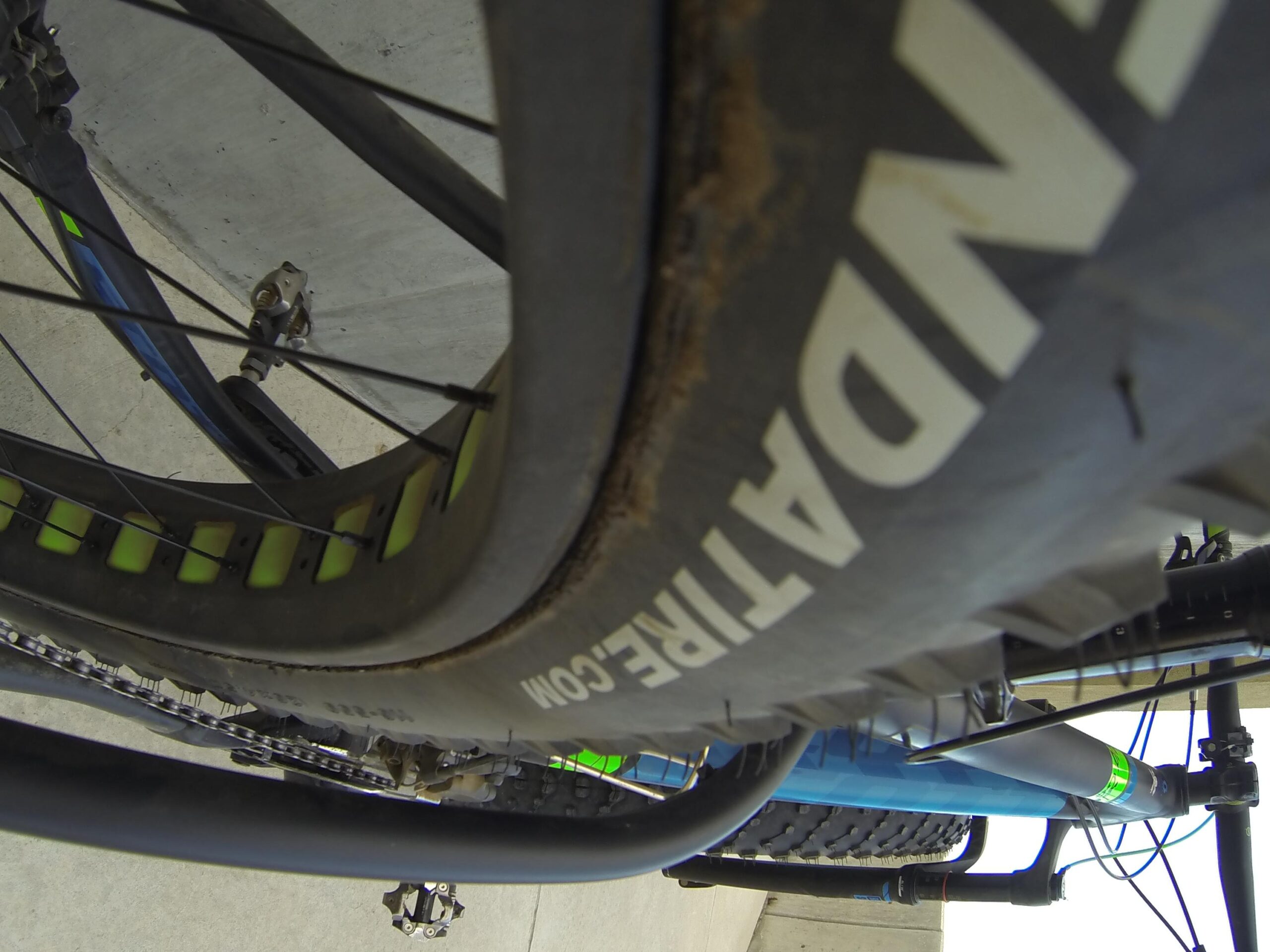 Scott Big Ed: Close-up view of a mountain bike tire and wheel, showing the tread and rim details. The background features a concrete surface, while part of the bike frame and components are visible in the image. The tire has visible markings and a logo, indicating its brand.