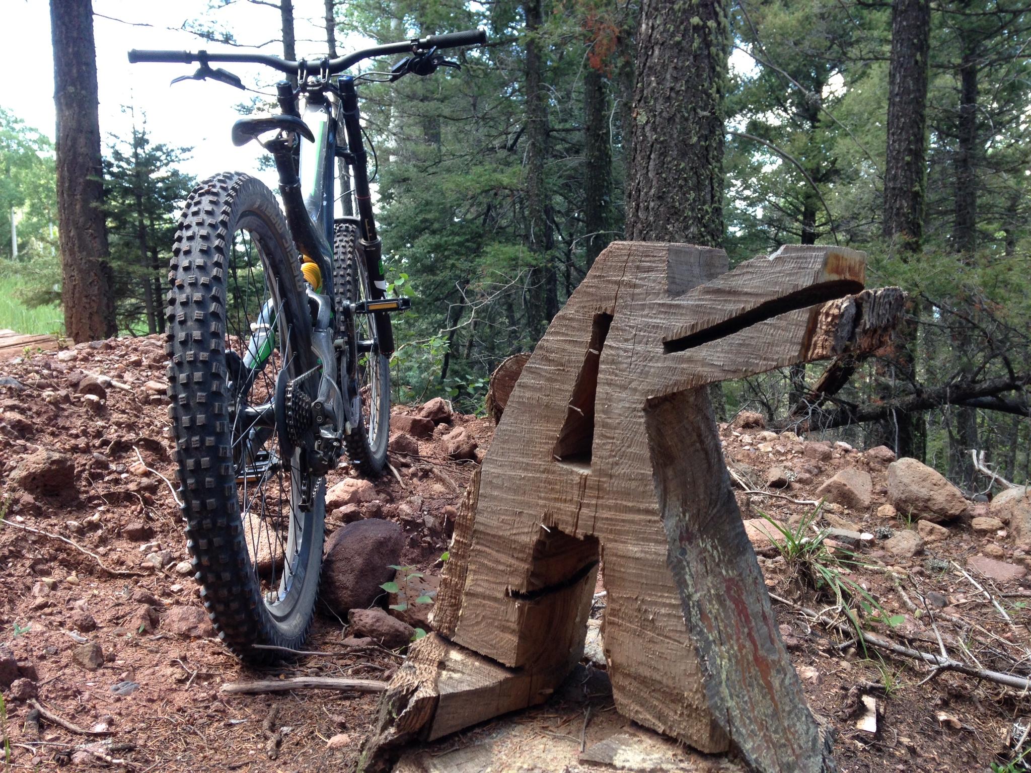 Specialized Enduro S-Works 650b: A mountain bike positioned on a dirt trail in a forest, with a carved wooden sign resembling the letter "A" in the foreground. The scene is surrounded by trees and natural foliage.