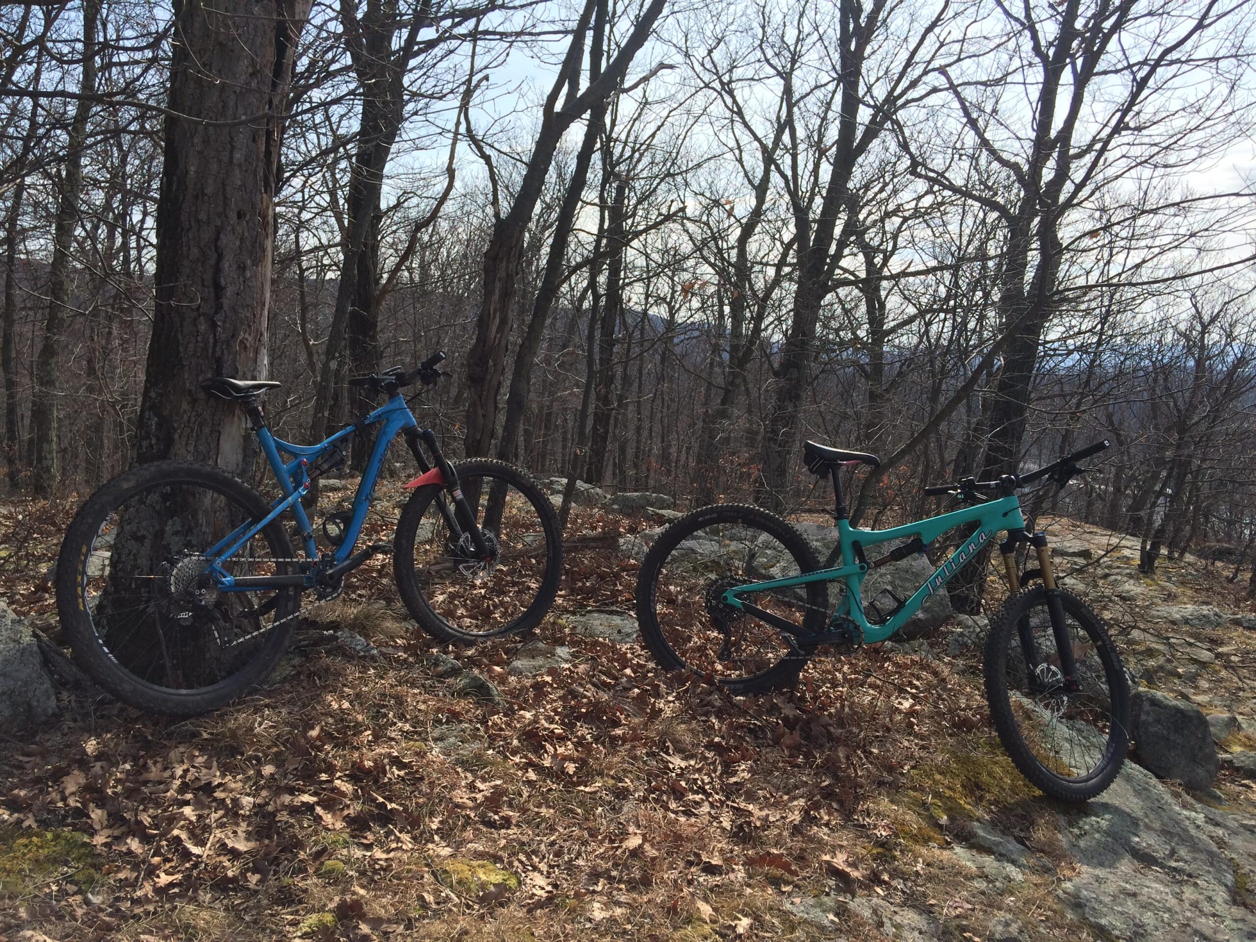 Two mountain bikes resting on rocky ground in a wooded area. One bike is blue with a red accent, while the other is turquoise. The background features bare trees and scattered leaves, indicating an early spring setting. Ringwood Skylands Manor mountain bike trail.