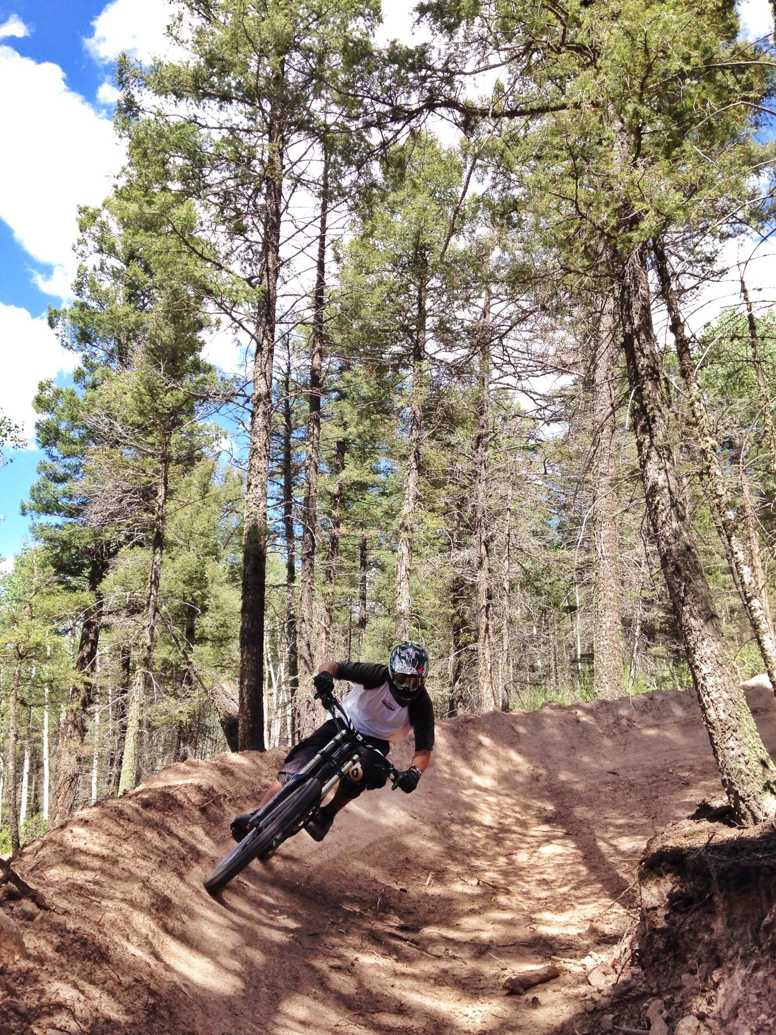 Specialized Enduro S-Works 650b: A mountain biker navigating a dirt trail in a forest, leaning into a turn with tall pine trees in the background and a blue sky above.