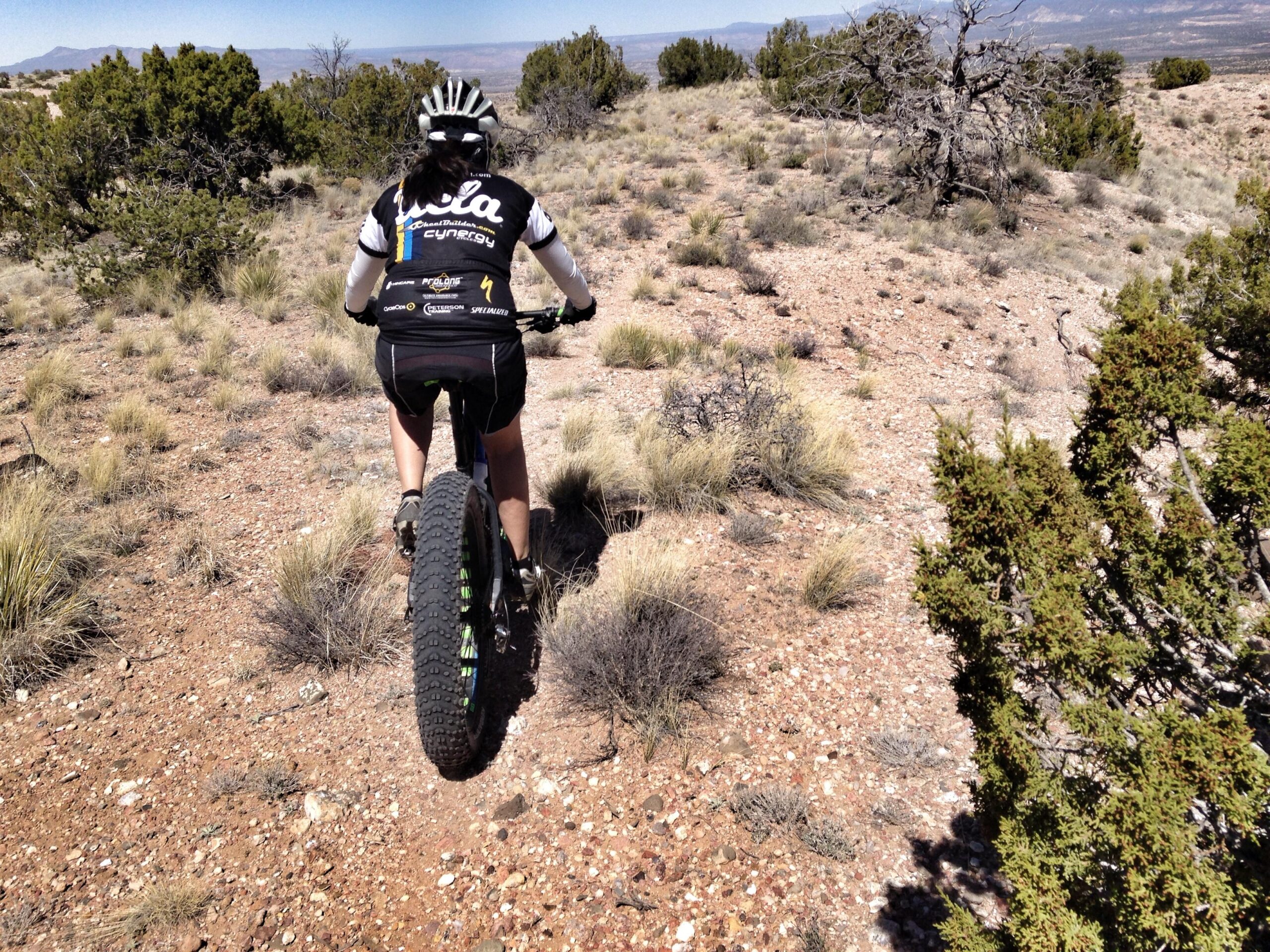 A cyclist riding a mountain bike on a rocky trail surrounded by sparse vegetation and shrubs under a clear blue sky. The person is wearing a cycling jersey and shorts, and the bike features wide tires suitable for off-road terrain. The landscape in the background shows a distant view of rolling hills. Super Fat Bike Loop mountain bike trail.
