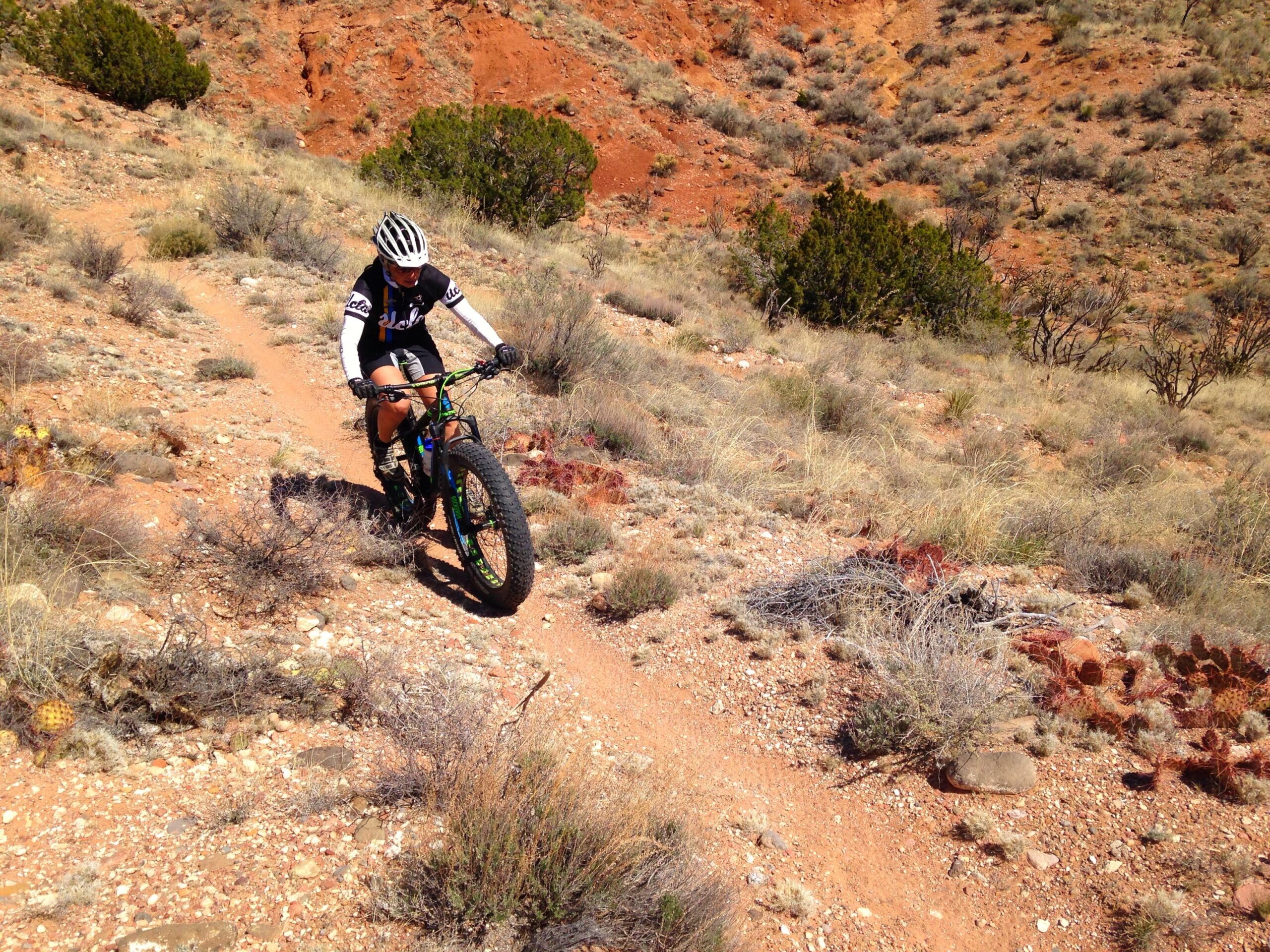 A cyclist riding a fat bike on a rocky, dirt trail in a rugged, desert landscape. The terrain features red soil, sparse vegetation, and distant hills. The cyclist is wearing a helmet and appropriate biking gear. Parkway Fatbike trail mountain bike trail.