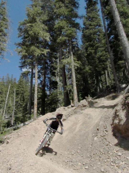 A mountain biker navigating a dirt trail surrounded by tall pine trees on a sunny day. The biker leans into a curve on the path, showcasing a dynamic riding position. Angel Fire Bike Park mountain bike trail.