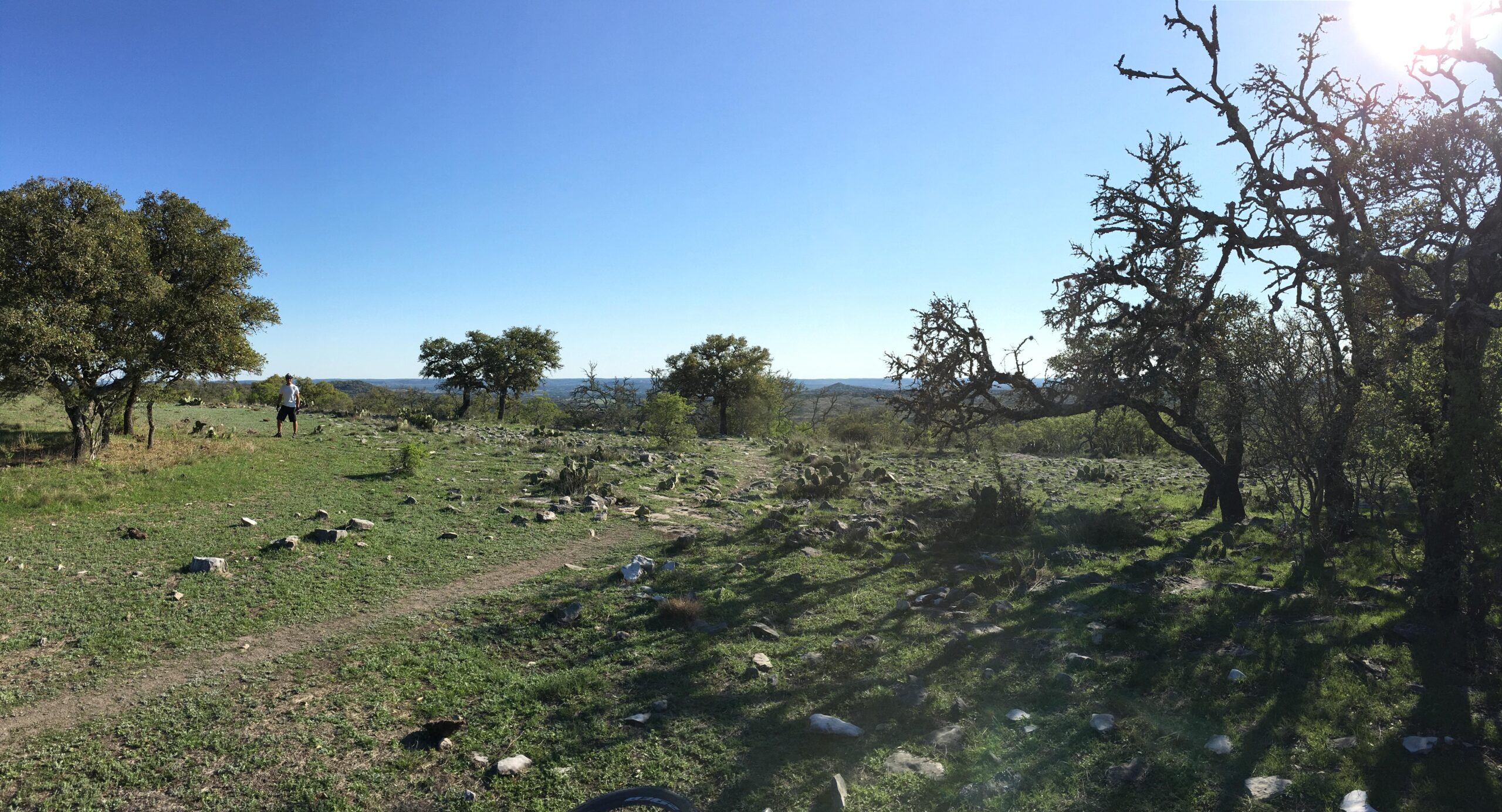 Panoramic view of a rocky landscape with scattered trees under a clear blue sky. In the foreground, a path meanders through green grass and stones, while a person stands in the distance, surrounded by nature. The scene captures the tranquility of an outdoor setting. Flat Rock Ranch mountain bike trail.