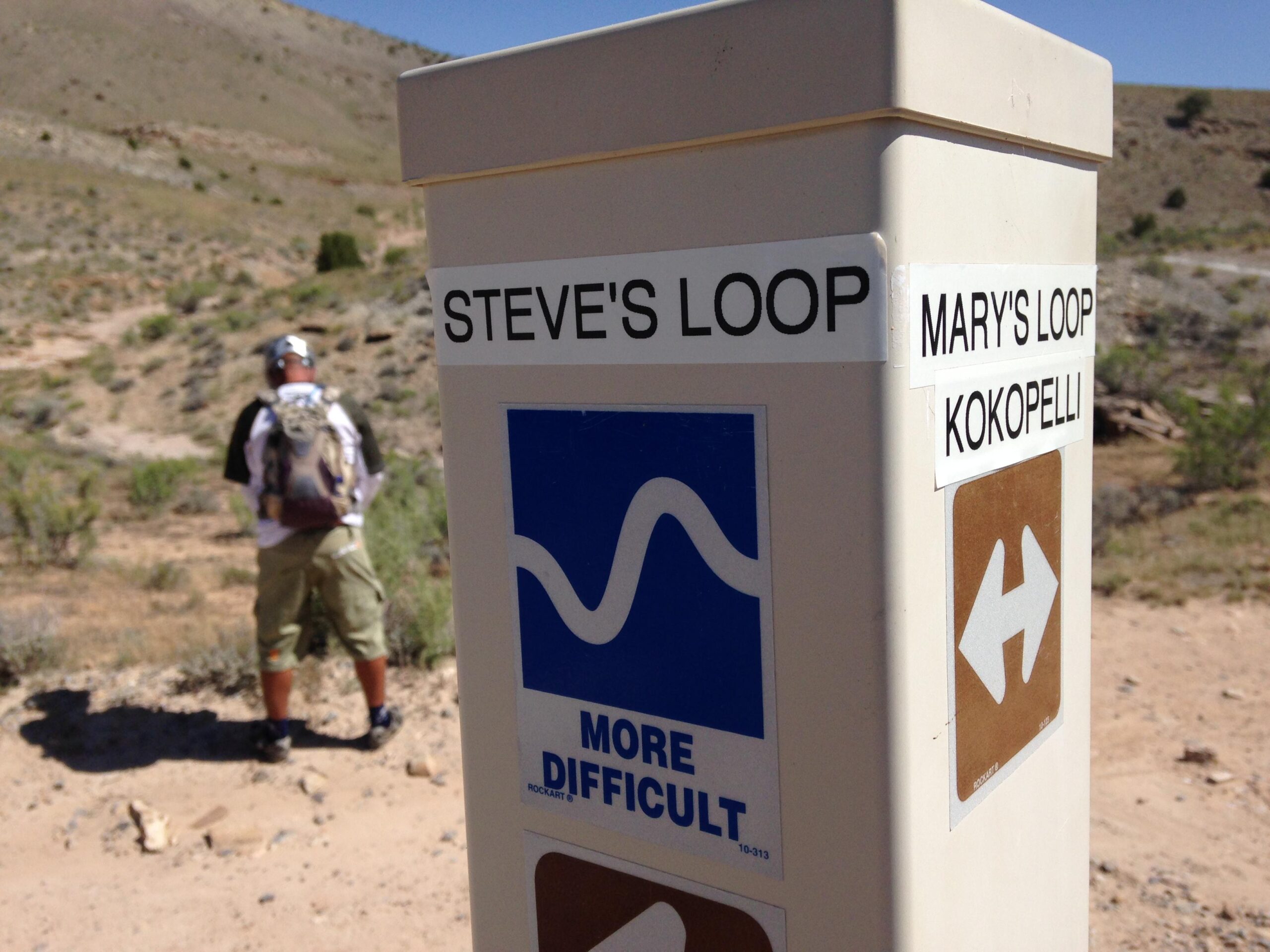 Trail sign indicating "Steve's Loop" and "Mary's Loop" in a desert landscape, with a symbol denoting the trail's difficulty level as "More Difficult." In the background, a person with a backpack stands, facing away from the camera, against a backdrop of rocky terrain and shrubs. Mary's Loop / Horsethief Bench mountain bike trail.