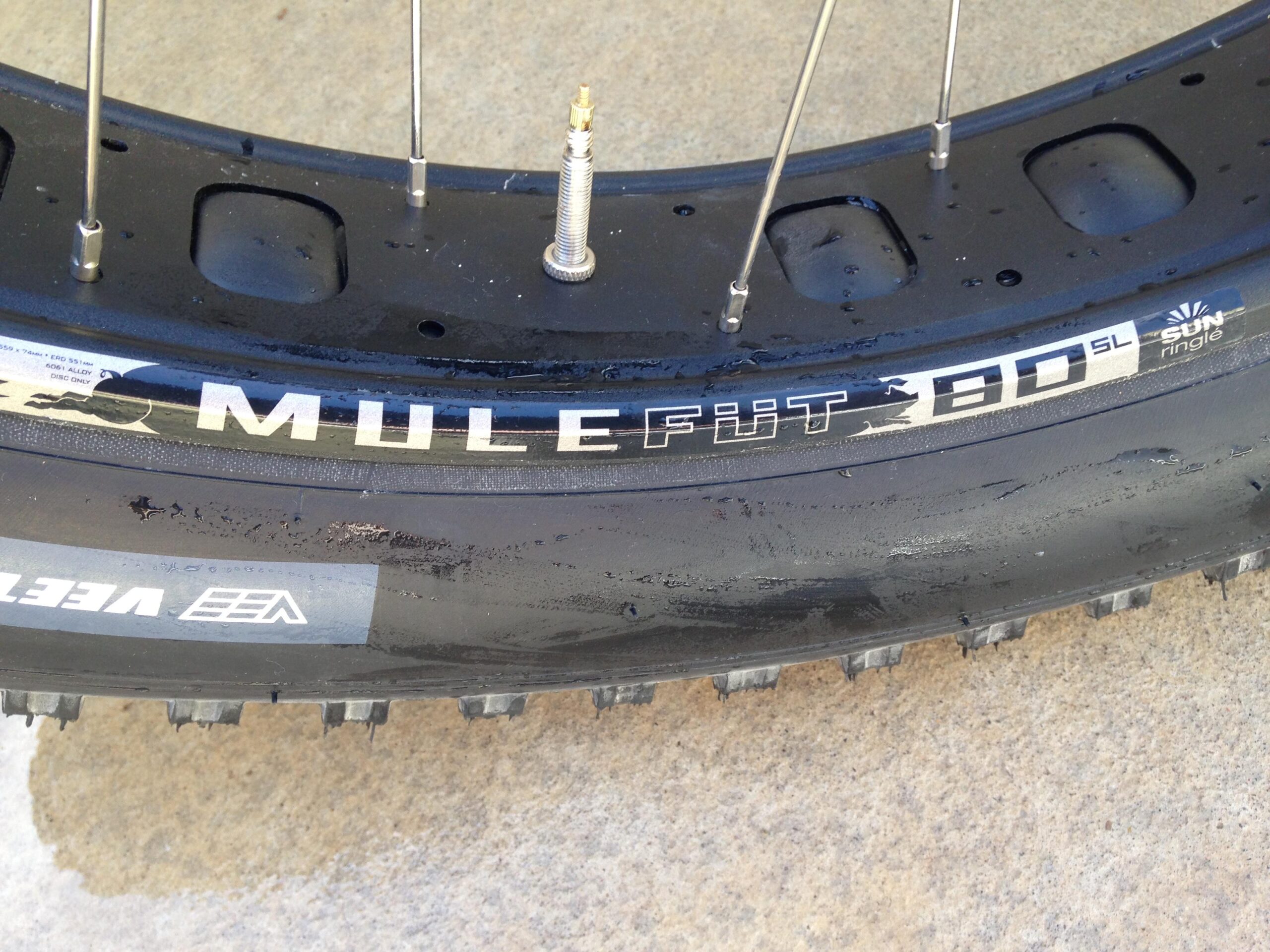 Motobecane Motobecane Bullet Titanium Fat bike: Close-up image of a fat bike tire mounted on a black rim, with visible branding including "MULEF&Uuml;T 80 SL" and "Sun Ringle." The tire has a textured surface with prominent tread patterns, and there is a valve stem visible for inflating the tire. The background shows a textured concrete surface.
