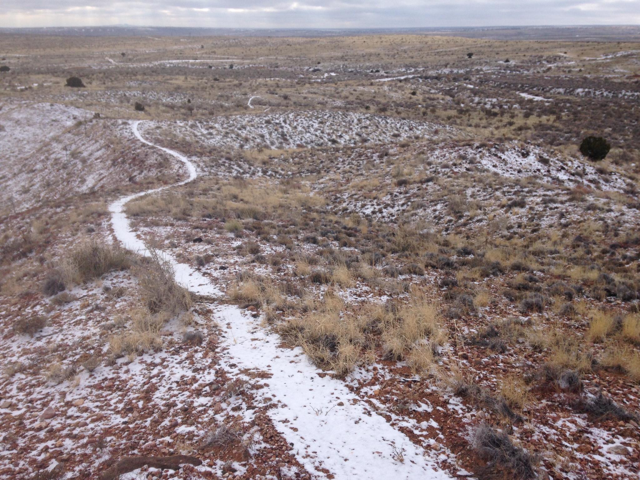 A winding dirt path winds through a dry, grassy landscape with patches of snow, leading toward distant hills under a cloudy sky. The terrain features sparse vegetation, including brown brush and tufts of grass, set against a backdrop of rocky ground. Picuda Peak Fatbike trail mountain bike trail.